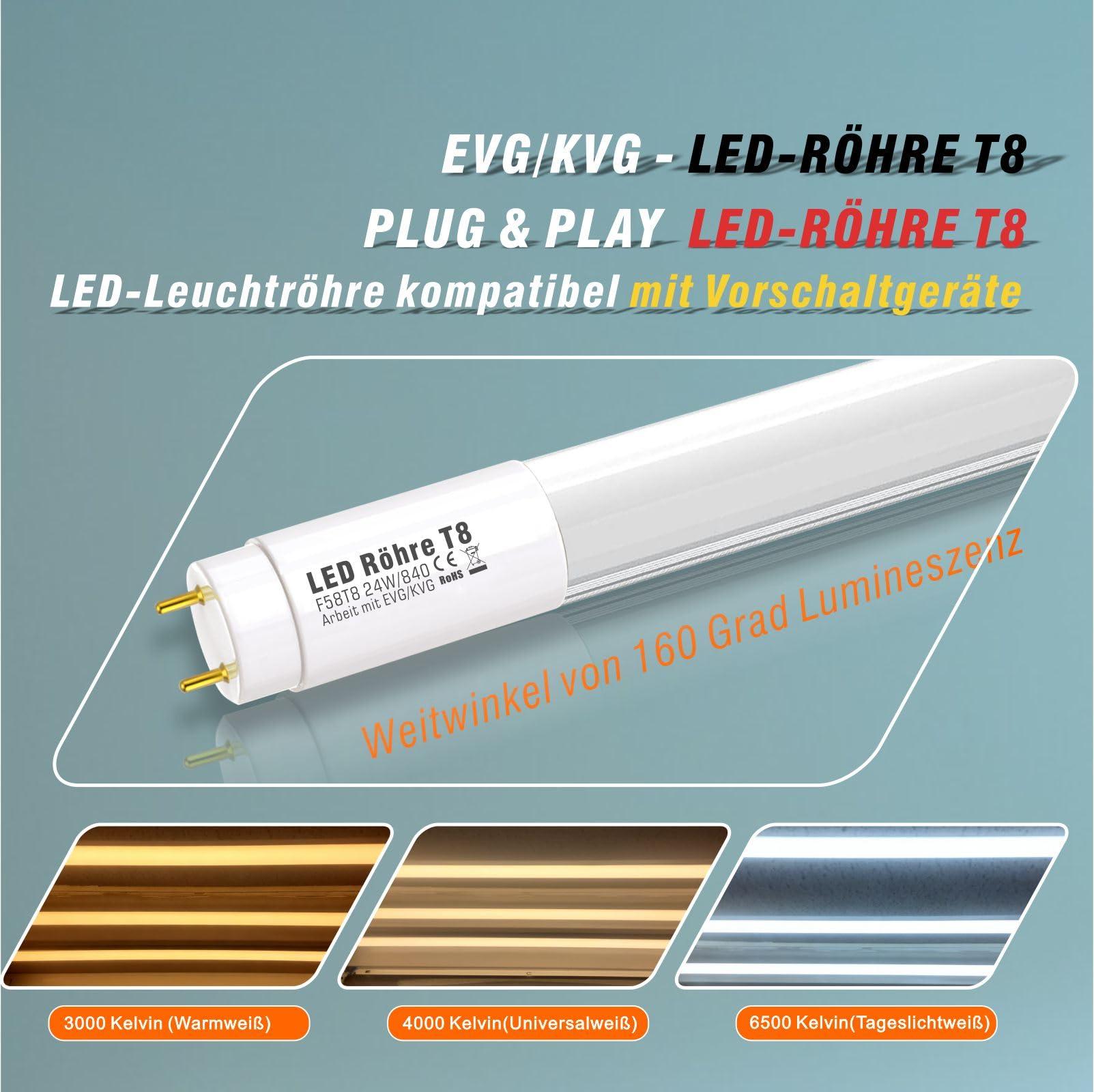 IHYCTV LED Röhre 150cm, 24W, 3885 Lumen, G13 T8, EVG/KVG/VVG Kompatibel, 4000K Neutralweiß, 4er Pack