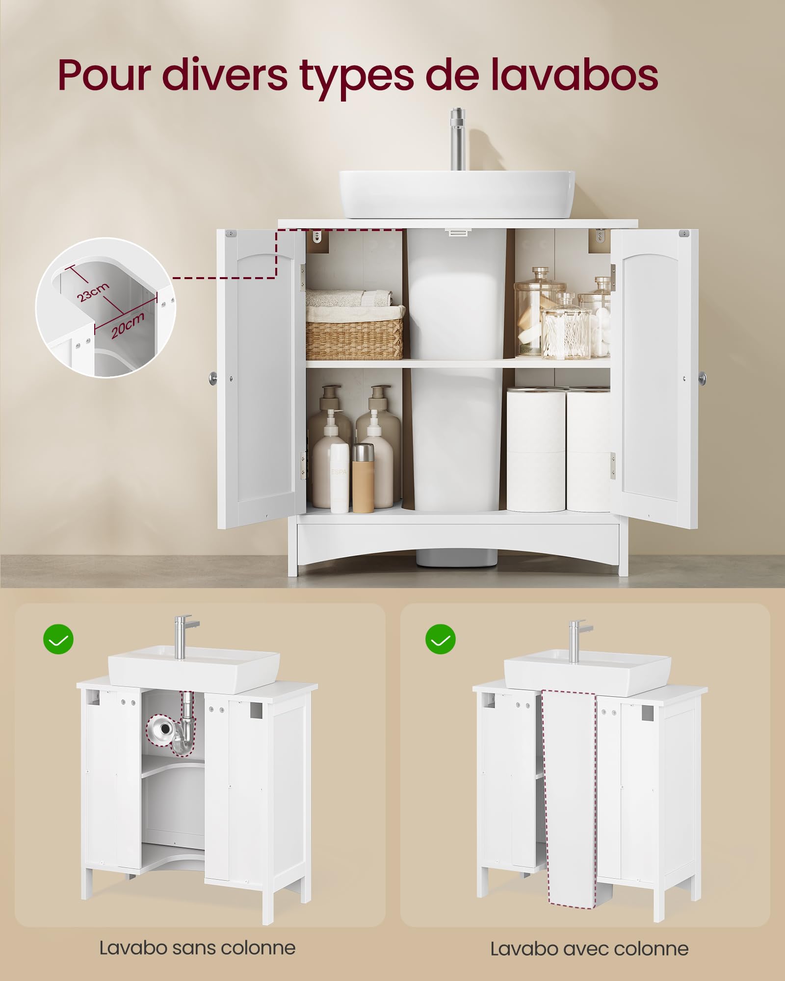 VASAGLE Meuble sous Lavabo, avec 2 Portes, Meuble sous Vasque, Étagère Réglable, Beaucoup d’Espace de Rangement, Style Campagne, 30 x 60 x 60 cm, Blanc Nuage BBC100WH01