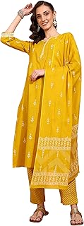 yash gallery Women's Mustard Cotton Slub 3/4th Sleeve Notch Neck Calf Length Floral Printed Gotta Detailing Straight Kurta Set with Pant & Dupatta-picture-36