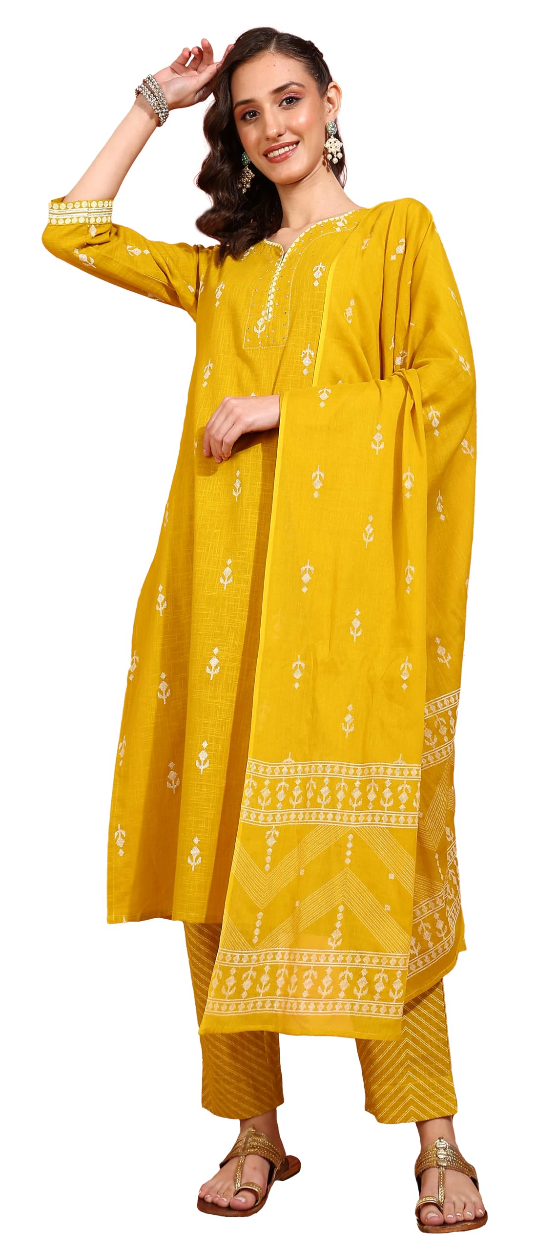 yash gallery Women's Mustard Cotton Slub 3/4th Sleeve Notch Neck Calf Length Floral Printed Gotta Detailing Straight Kurta Set with Pant & Dupatta-picture-41