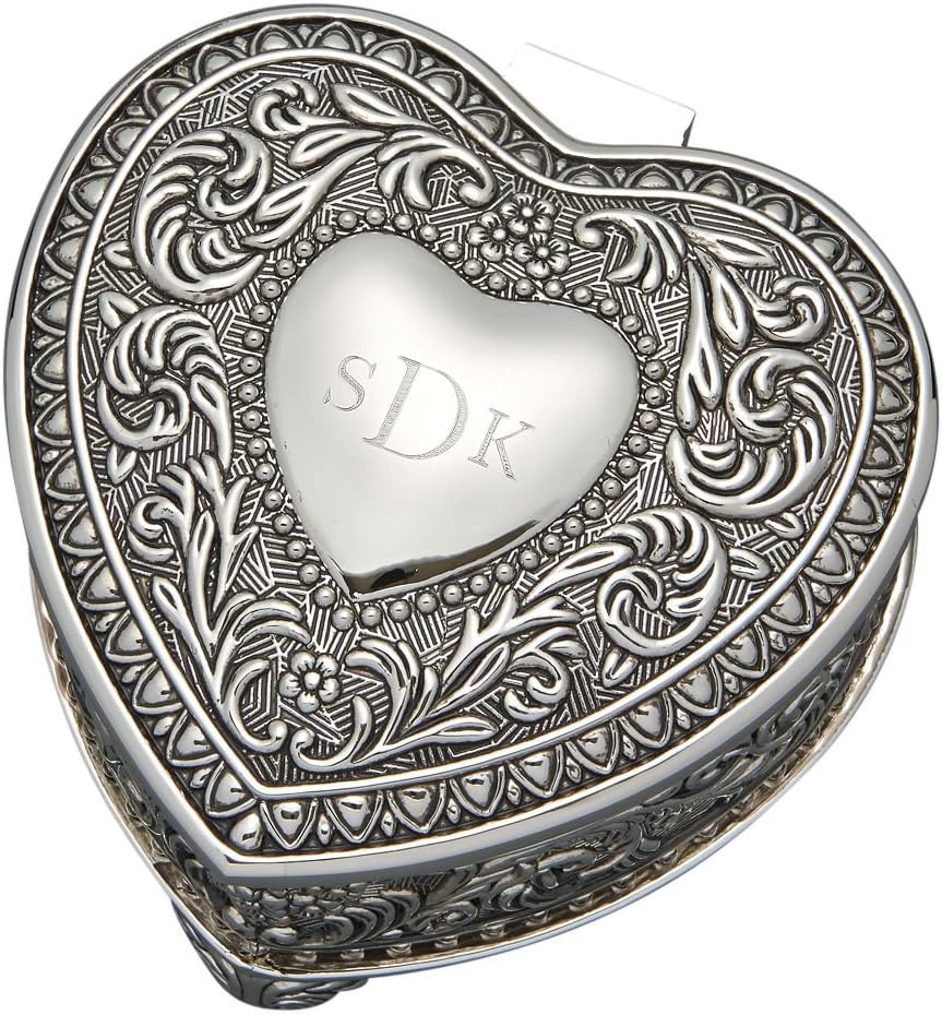 Monogramed Heart Shaped Engraved Jewelry box - Personalized with 3 letters - Antique design