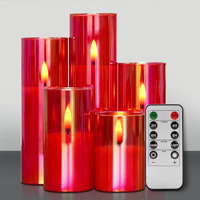 Eywamage 5 Pack Slim Flameless LED Candles in Red Glass Jar with Remote Control, Flickering Battery Operated Christmas Candles Set of 5