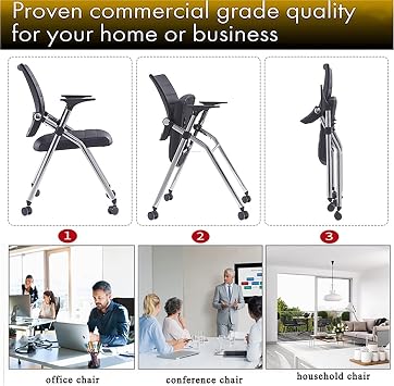 Ergonomic Foldable Office Chair with Wheels - Adjustable Height Black Desk Chair with PU Leather Seat & Padded Arms, Comfortable Folding Chair for Home Office, Study & Small Spaces