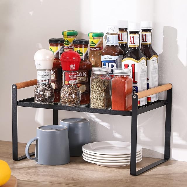 KES Kitchen Cupboard Shelf Organiser 35CM, Free Standing Spice Rack Black Kitchen Counter Shelf with Wooden Handle for Foods, Cans, Spices and Plates, KSR511S35-BK