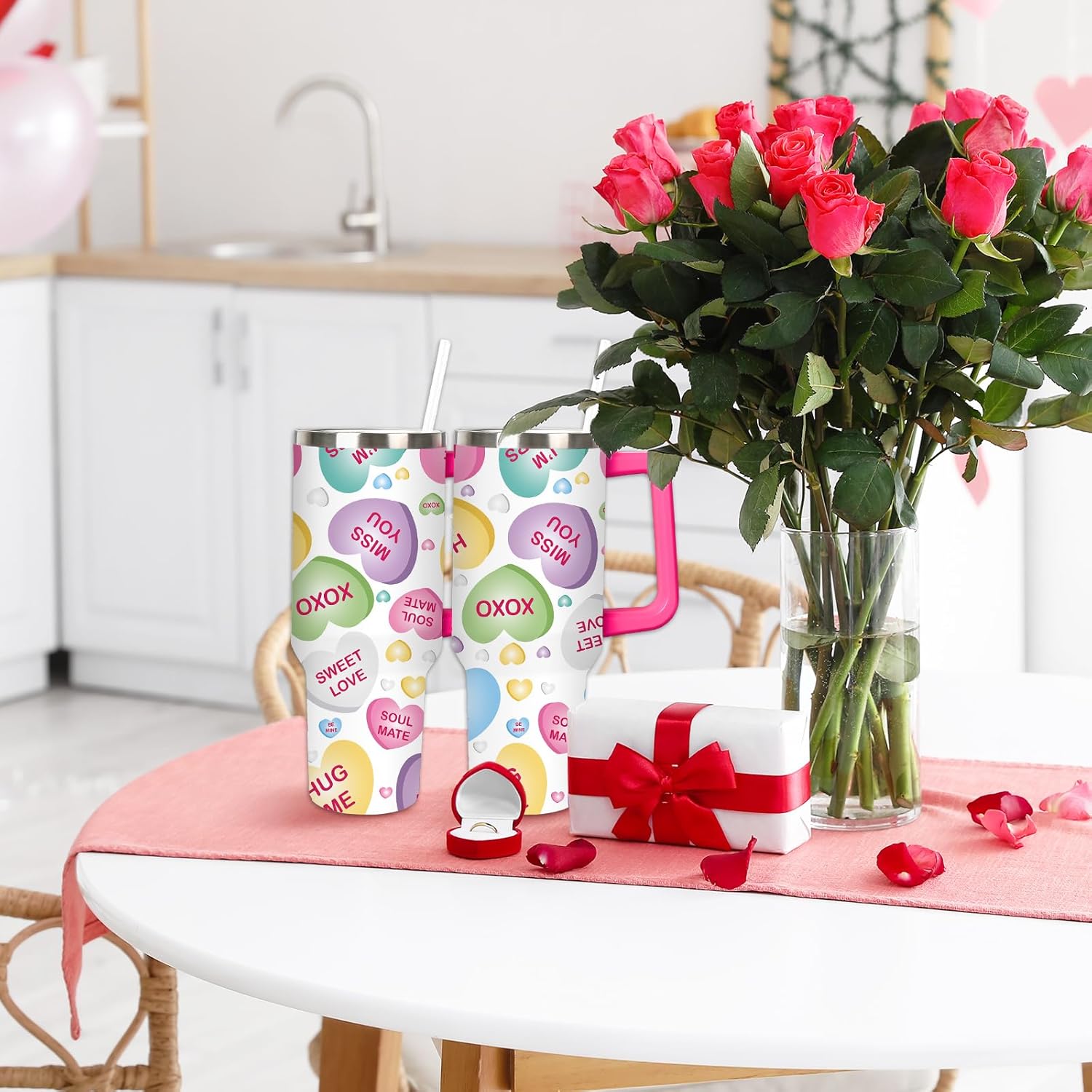 Valentine Tumbler with Straw and Lid 40oz Conversation Heart Stainless Steel Cup with Handle Colorful Love Heart Travel Coffee Tumbler Cup for Home Office - Image 7