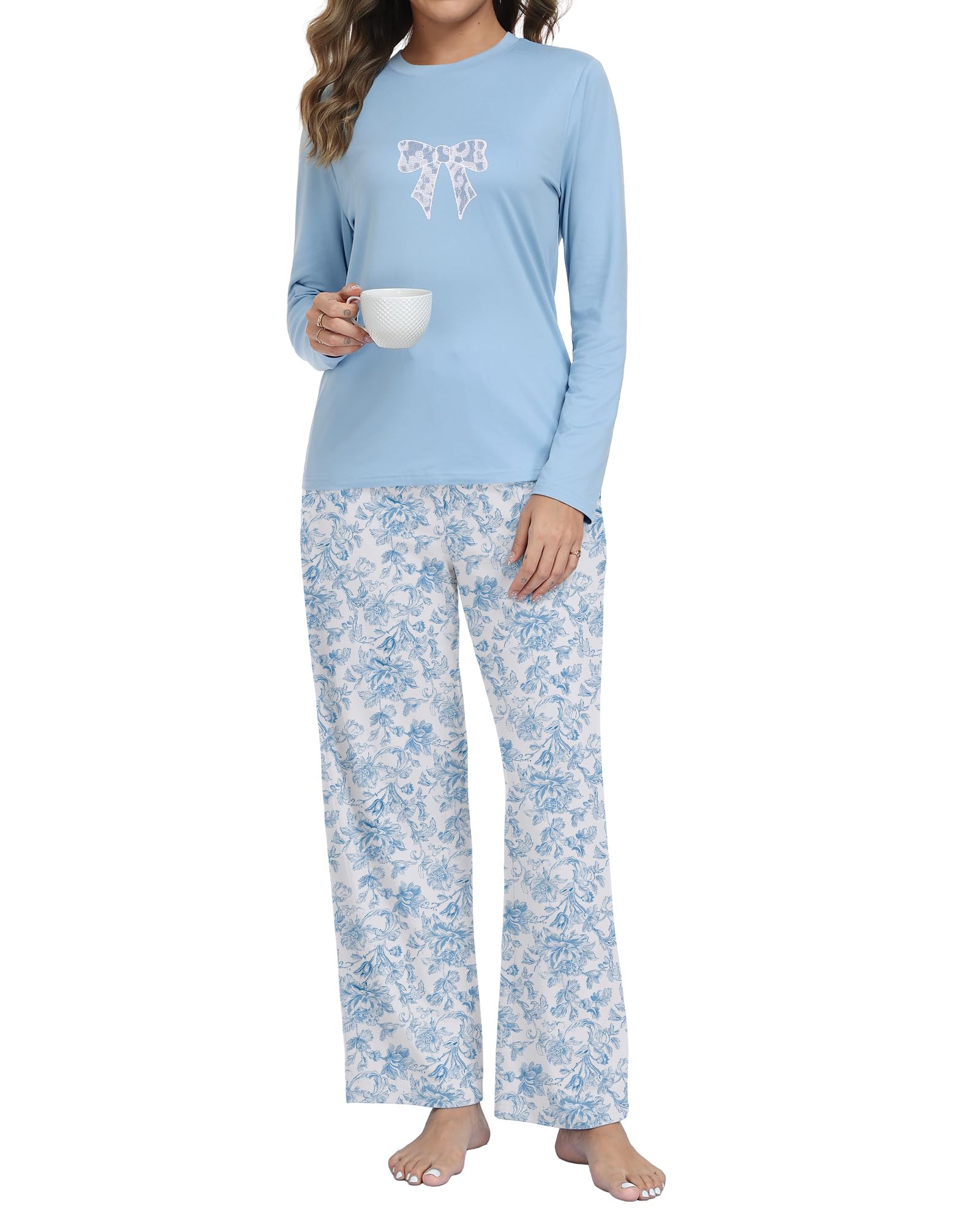 COSSEN Women's Pajamas Sets 2 Piece Sleepwear, Long Sleeve Bow Embroidered Top and Pants with Pocket Soft Lounge Pjs