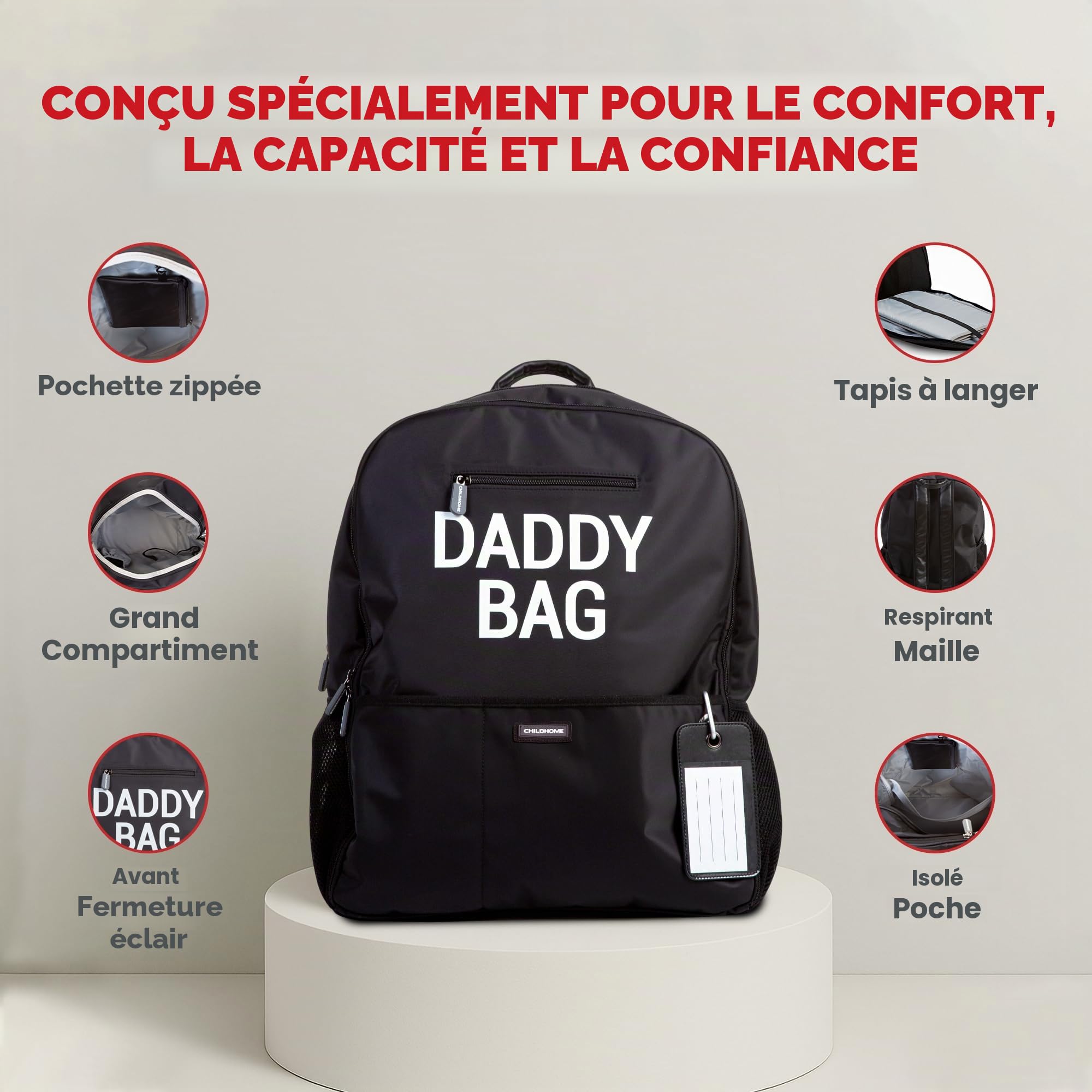 CHILDHOME, Sac À Dos À Langer, Sac Voyage, Grande Contenance, Fonctionnel, Design Belge, Dos Mesh Respirant, Matelas À Langer Pliable, 35 l, Daddy Bag, Noir
