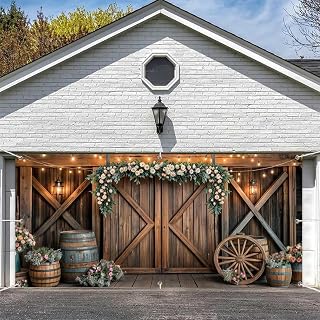 16X7FT Country Wedding Garage Door Decorations Rustic Barn Door Door Cover Farmhouse Pink Flower Anniversary Party Decor Birthday Banner Wooden Wedding Bridal Photo Background Photography Backdrop