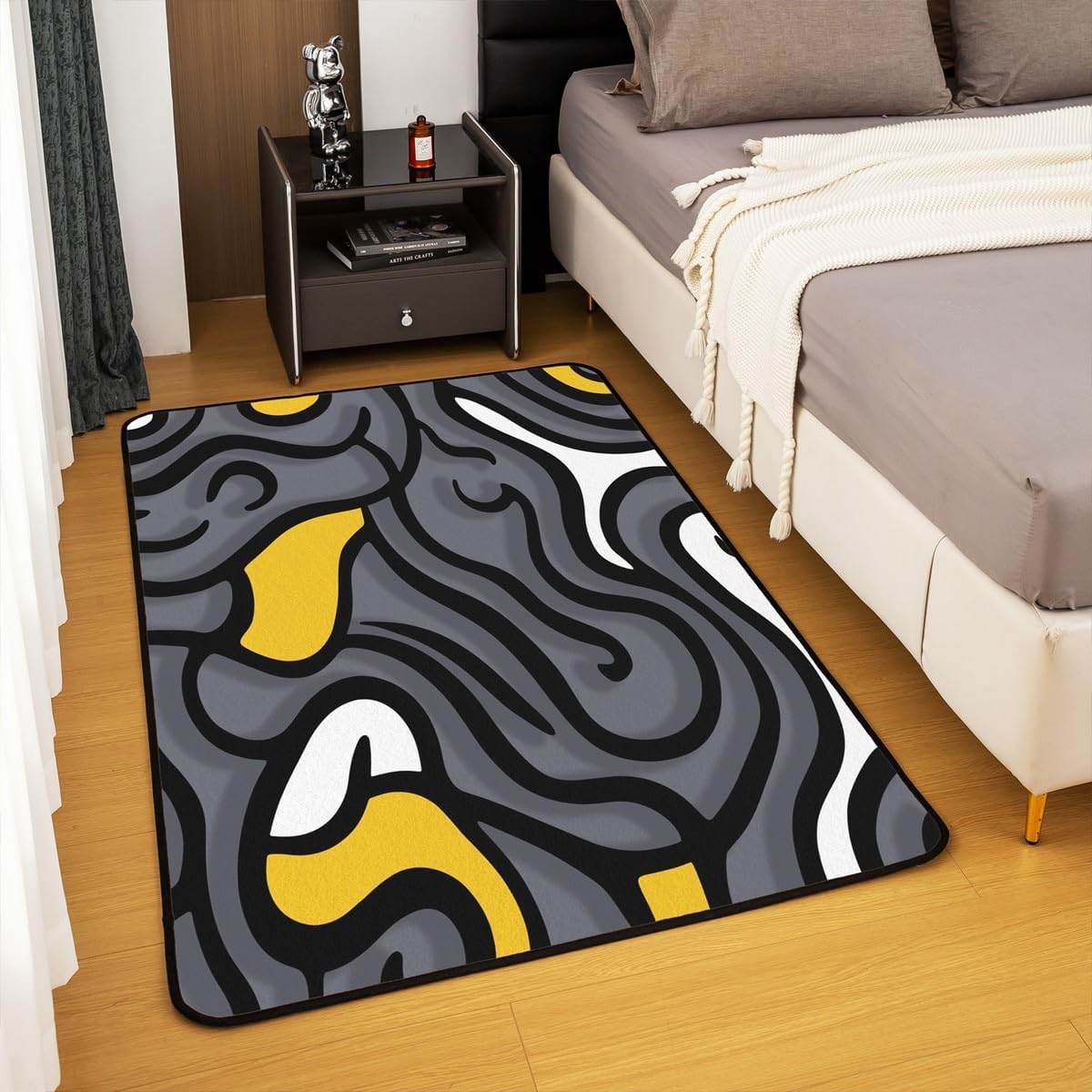 jejeloiu Black White Yellow Swirl Area Rug 4x5 Kids Abstract Living Room Rugs for Bedroom Gray Trippy Geometric Decorative Carpet Accent Rugs Rugs Decor
