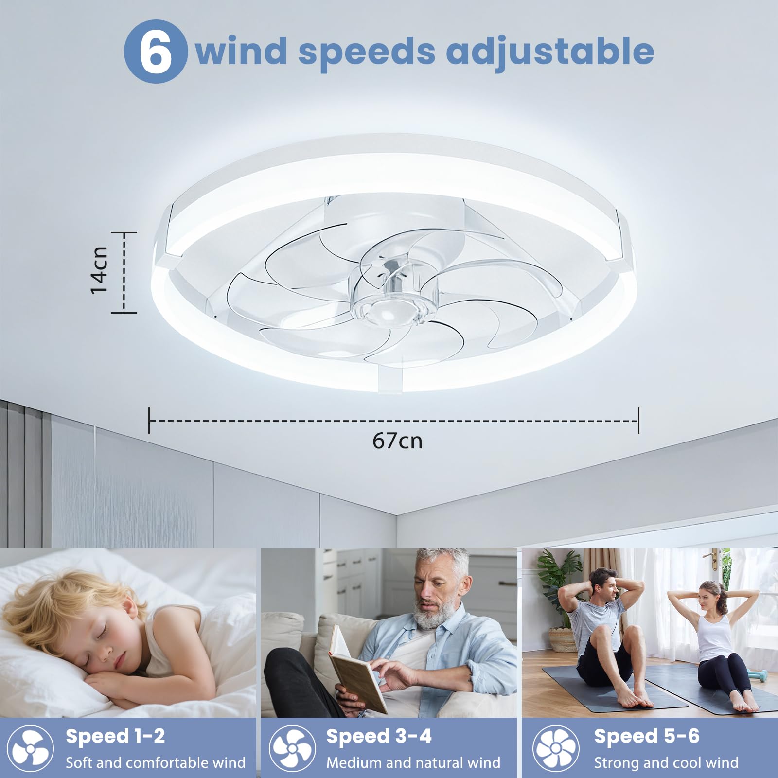 Aigostar ventilador de techo con Luz y Mando a Distancia, Lampara Techo Ventilador Silencioso con Temporizador y Luz Nocturna, 6 Velocidades, LED Dimmerabile, Velocidades para Salón Dormitorio
