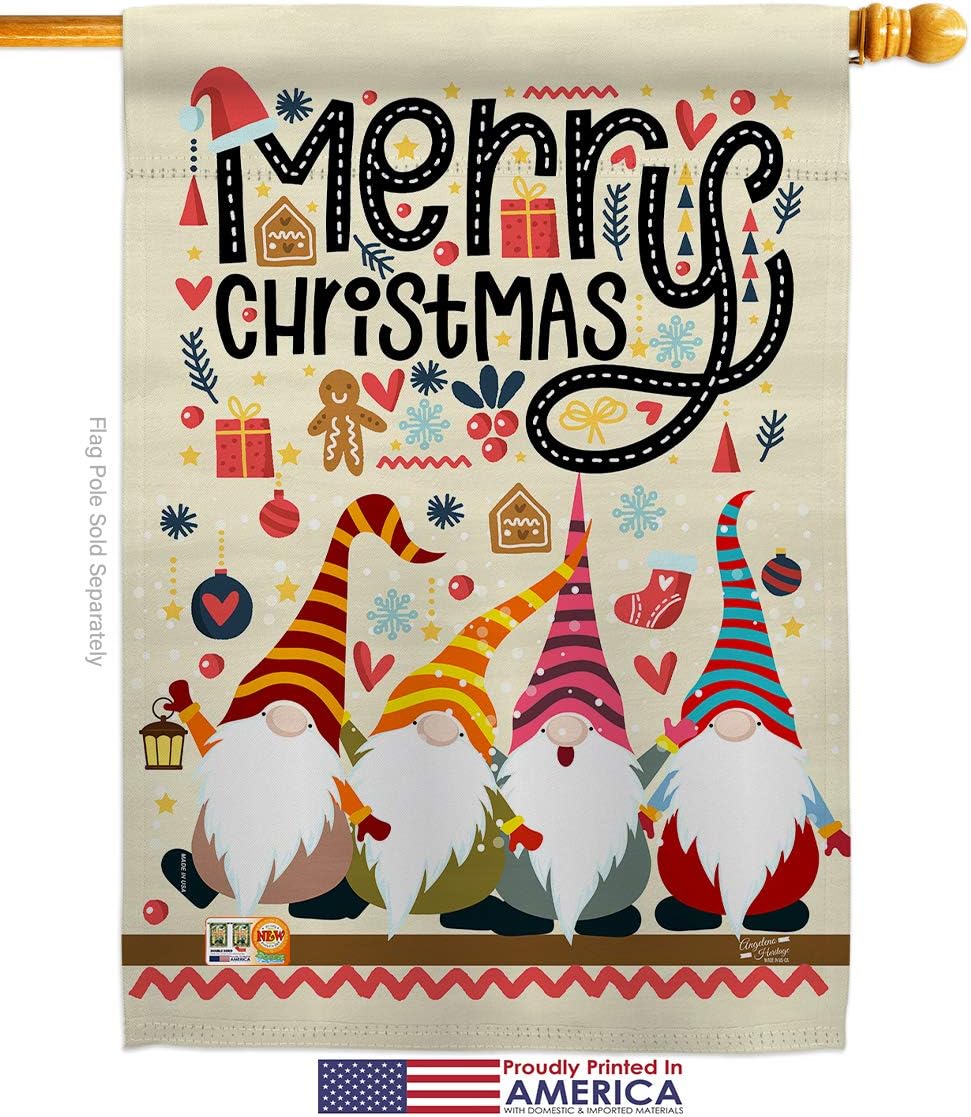 Christmas Gnome House Flag Dowel Set Wintertime Santa Marry Xmas Present Reindeer Season Snow Small Decorative Gift Yard Banner Made In USA 28 X 40