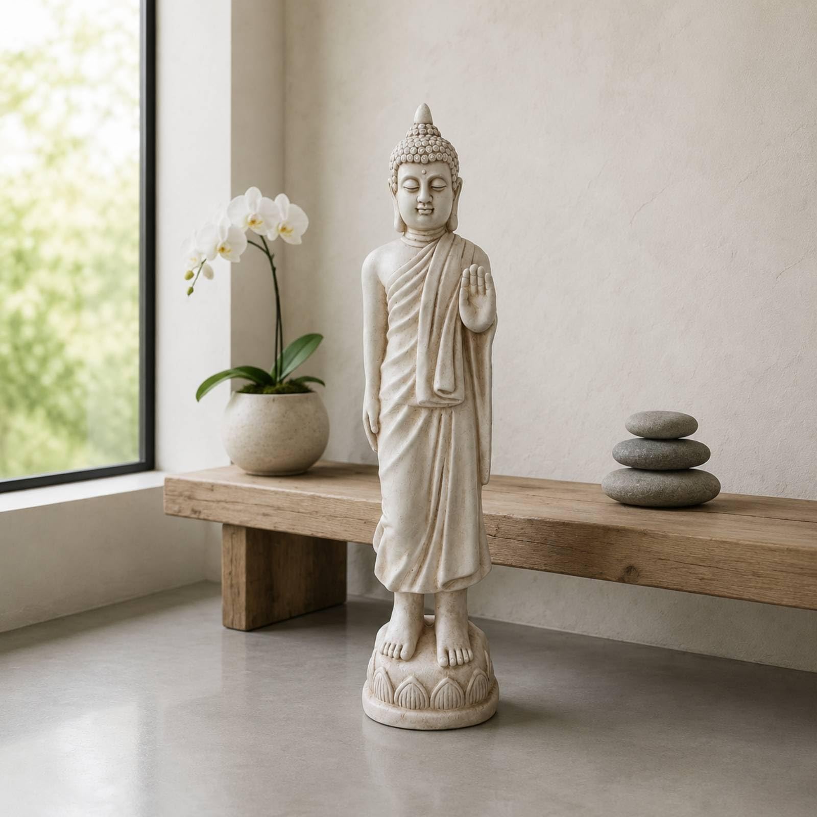 Estatua Buda Decorativa Escultura Figura Imagen con Mano Elevada en Magnesio con Detalles de Túnica y Cabello Adecuada para Meditación Altar Doméstico Entrada Sala de Estar Jardín, Color to 2