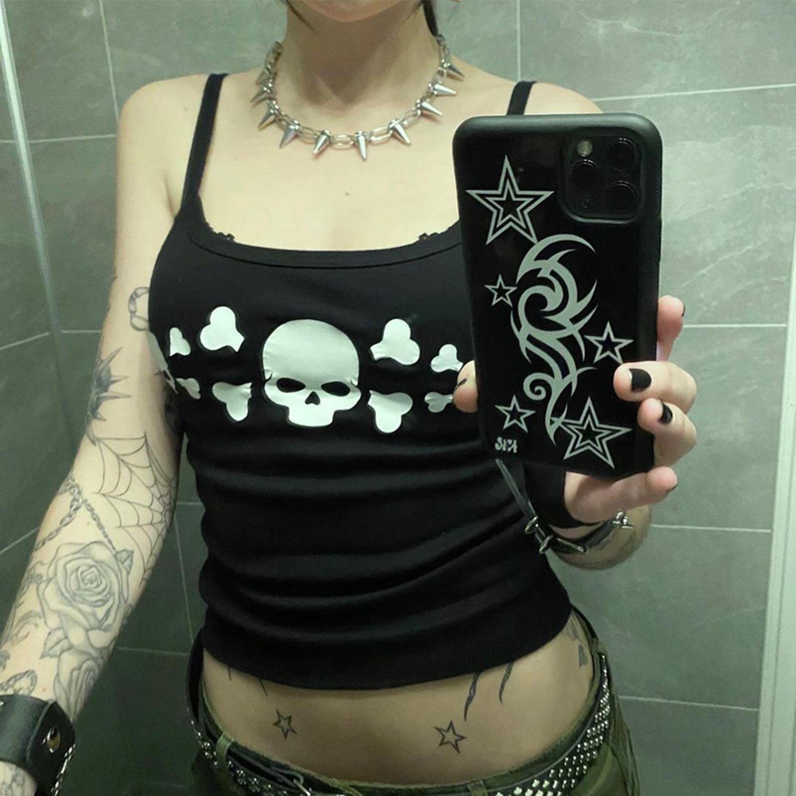 SUBX Gothic Girls Camisole Top Skull Graphic Print Crop Top Y2k