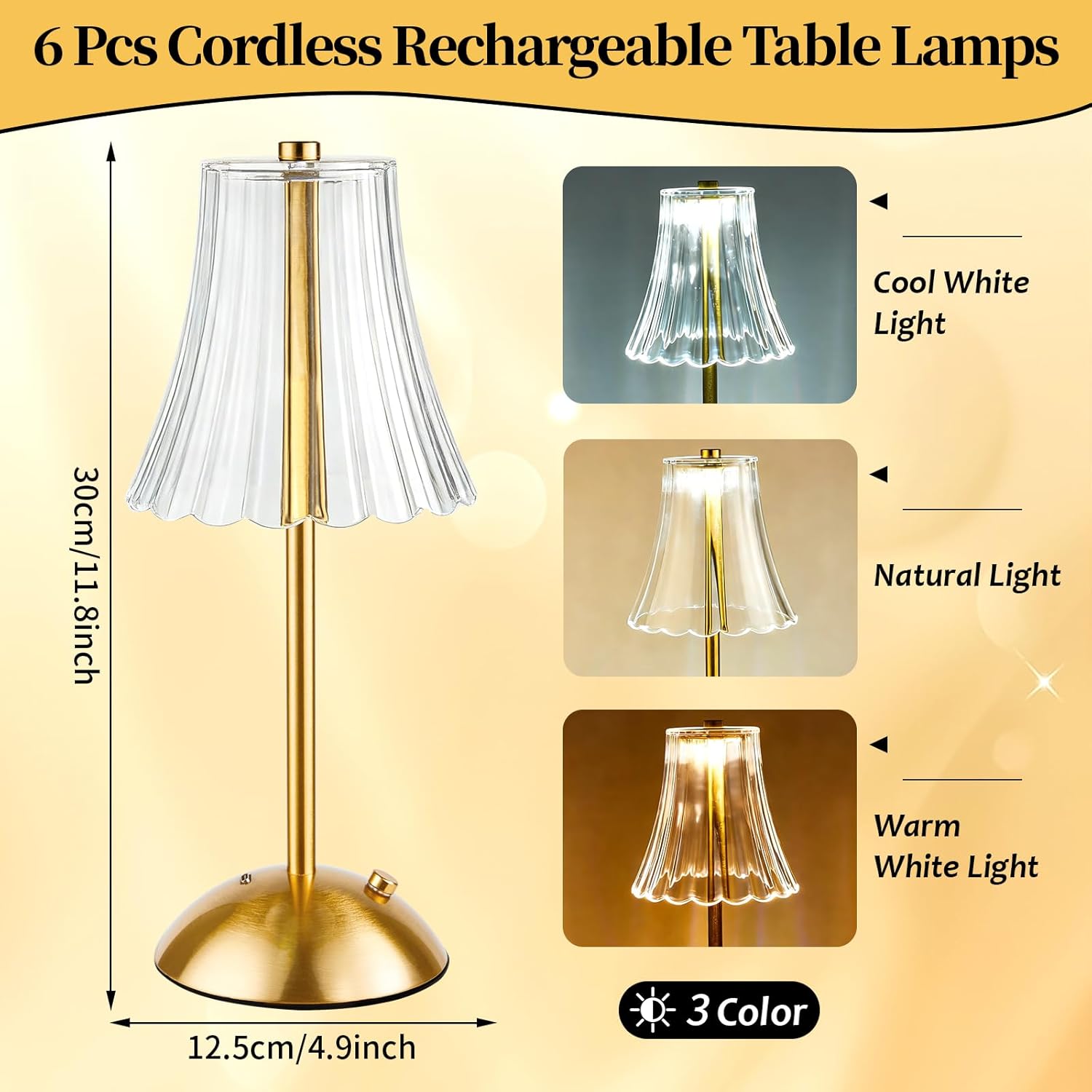 6 Pcs Cordless Table Lamp Gold Cordless Battery Operated Touch Table Lamps Rechargeable 3 Color Dimmable LED Portable Flower Lamp for Bedroom Living Room Kitchen Dining Outdoor