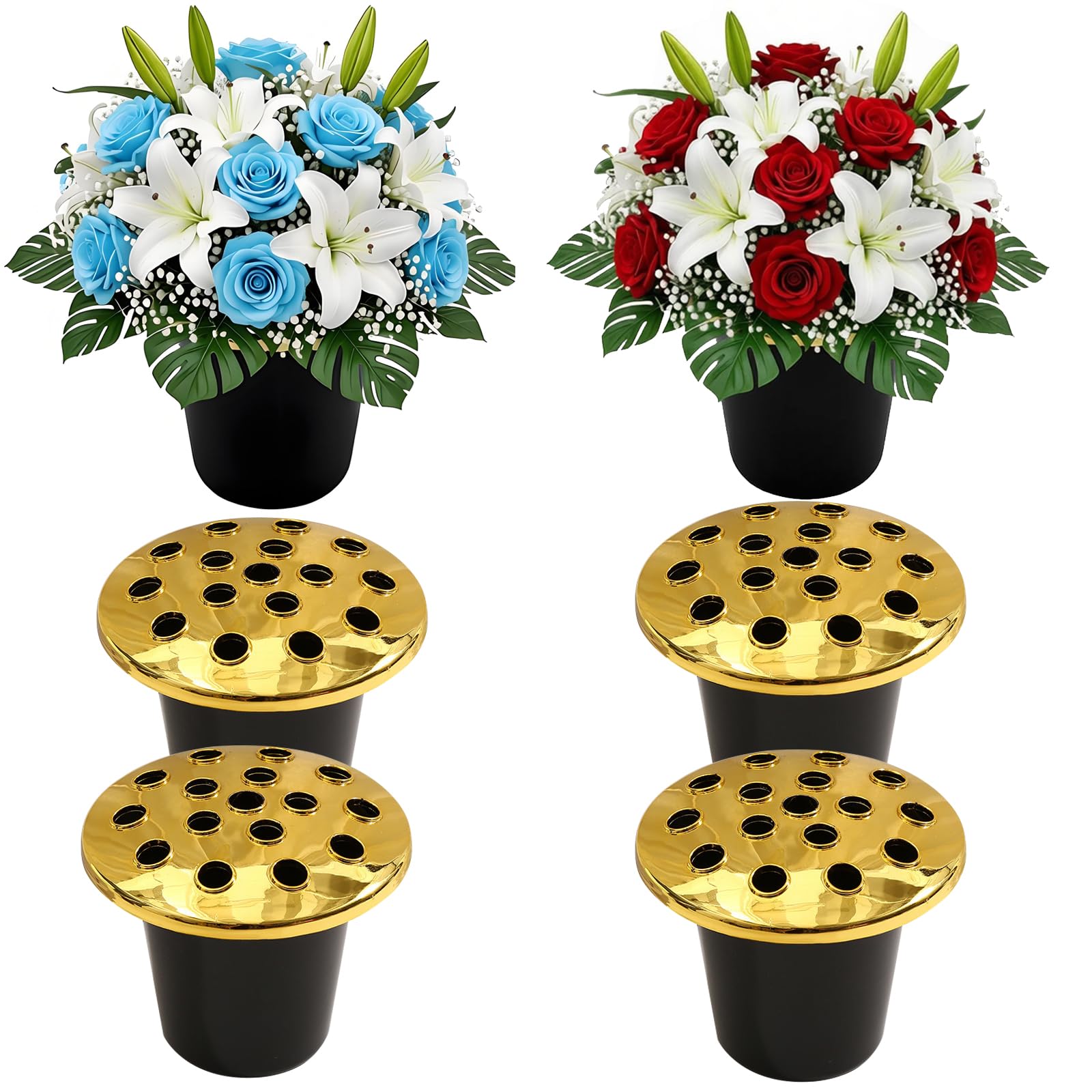 Sblkuy Black 6 Pcs Graves Flower Pots, Grave Flower Inserts Holders With Golden Lid Plastic Cemetery Memorial Vase For For Grave Decorations (Black)