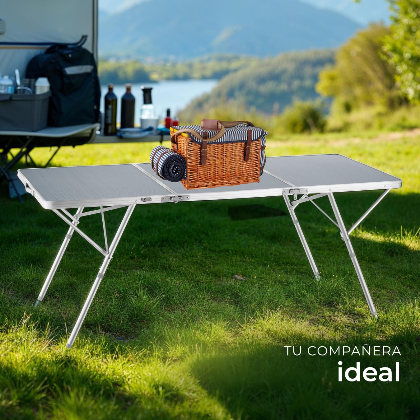 tectake® Mesa Plegable Aluminio, Mesa Camping Plegable con Altura Ajustable, Mesa Jardín Exterior con Asa de Transporte, Resistente a Intemperie, Ideal Acampadas, Jardín, Terraza, Picnic, 180x70x70cm