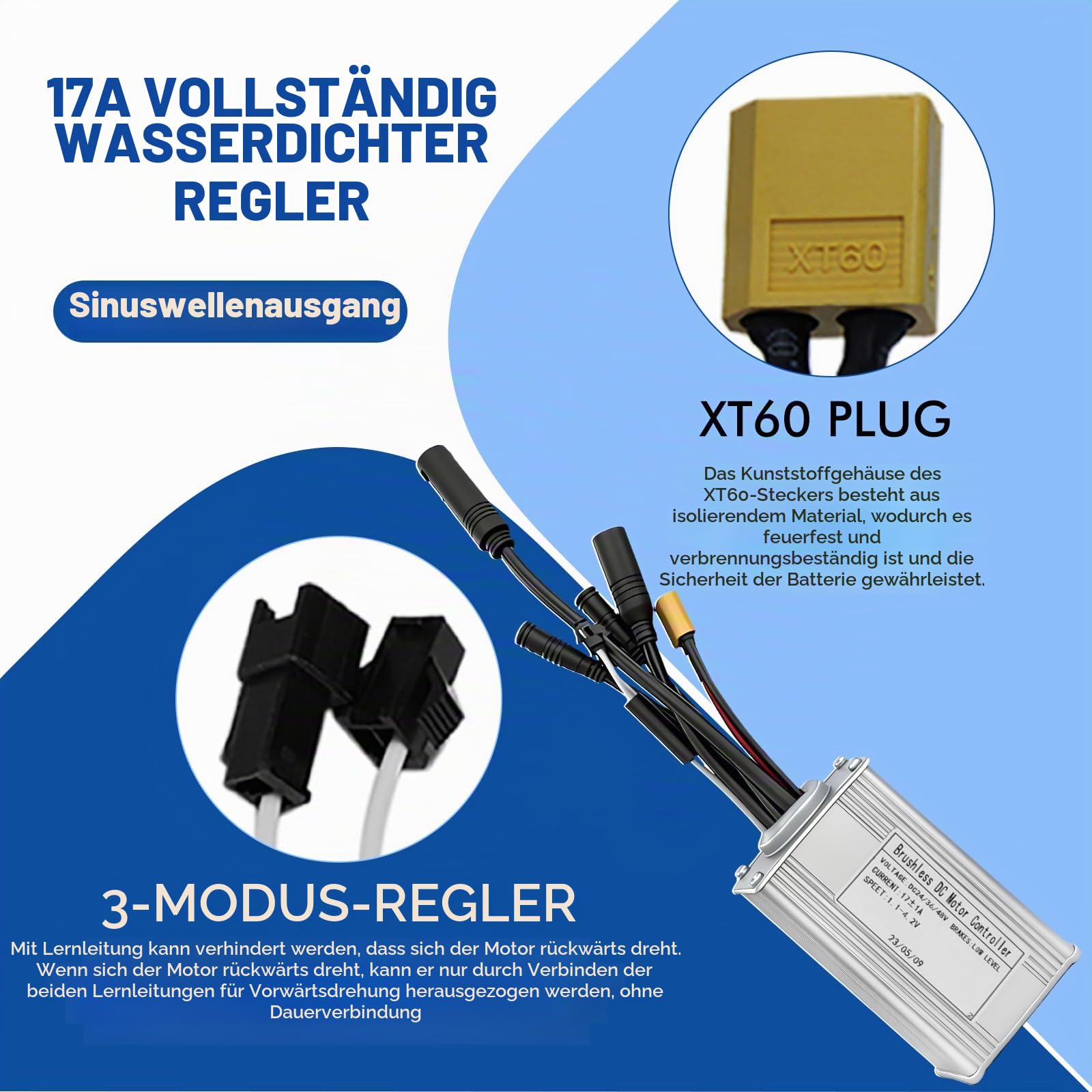 Elektroroller Brushless Controller Kit, 24V/36V/48V 250W 17A 3 Modus Sinuswelle E Scooter Controller mit S866 Farbdisplay Instrumententafel, Geschwindigkeitsreglerhebel, 1-zu-5-Kabel