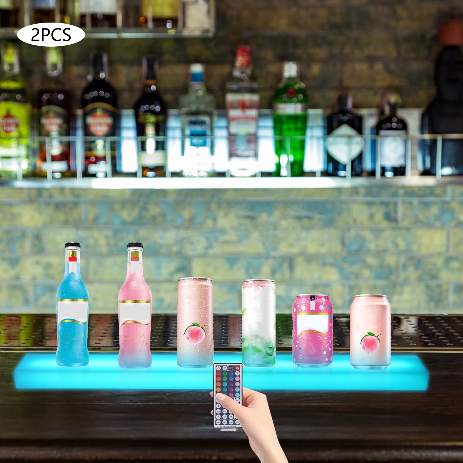2 Pieces LED Liquor Bottle Display Shelf, 32 inch Acrylic Floating Lighted Bar Shelf with RF Remote Controller, Acrylic Lighted Bar Shelf for Home Commercial Bar Floating Wall Mounted Display Shelves