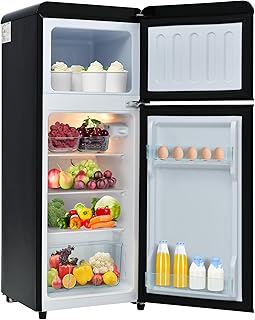 Refrigerador retro de doble puerta 92 litros congelador de 28 litros frigorífico-congelador combinado 116 kWh/año -27 °C ~13 °C iluminación LED mininevera para dormitorio color negro