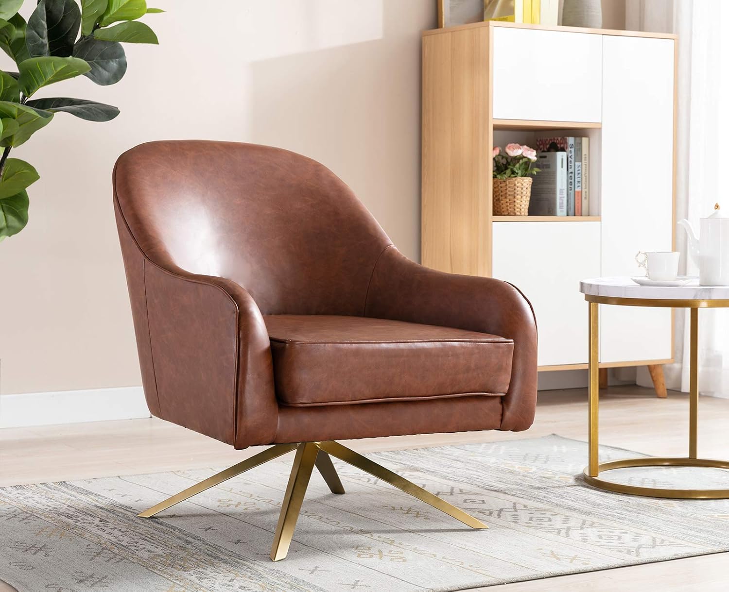 Buy Chiarus Brown Leather Accent Chair With Golden Swivel Base Buy Chiarus Brown Leather Accent Chair With Golden Swivel Base