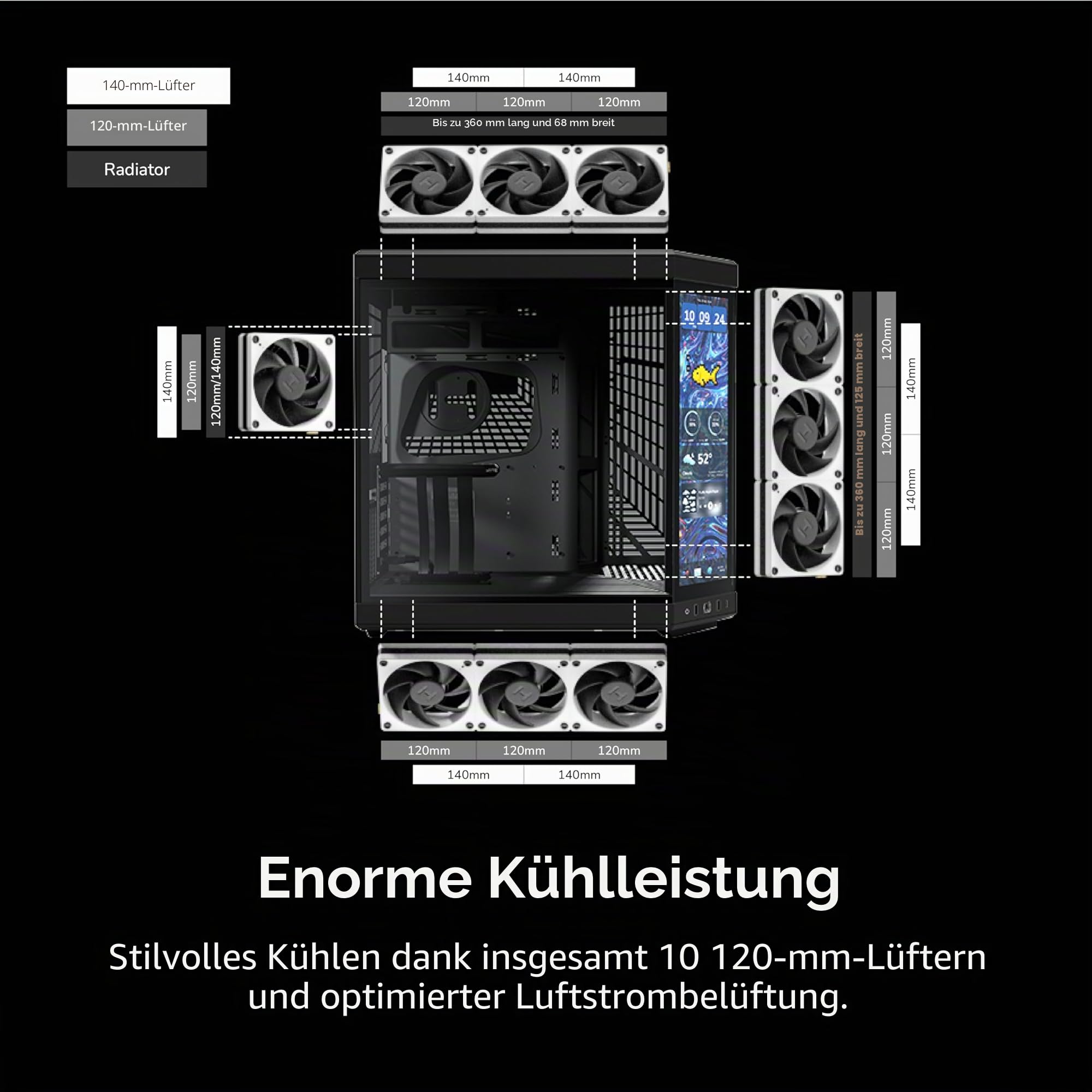 Hyte Y70 Touch Infinite Dual Chamber ATX Mid Tower Modernes ästhetisches Gehäuse mit integriertem 2,5K LCD-Touchscreen - Pitch Black