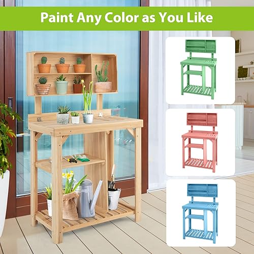 Miniatura 4 de Safstar - Banco para macetas de jardín estación de madera para macetas con estantes inferiores y compartimentos superiores estación de trabajo de