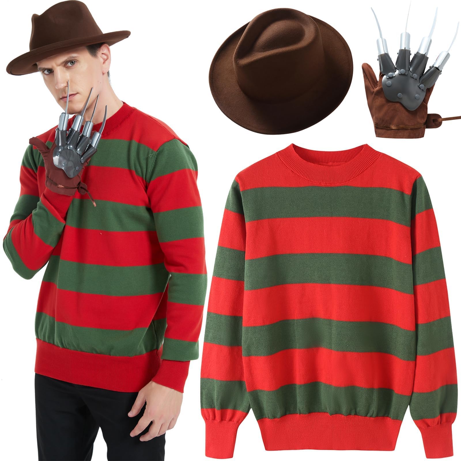 Mens Halloween Freddy Costume, Explorer Hat With Glove Claw & Red/Green Jumper Unisex Halloween On Elm Street Fancy Dress Costume Outfit, Full Set (XL)