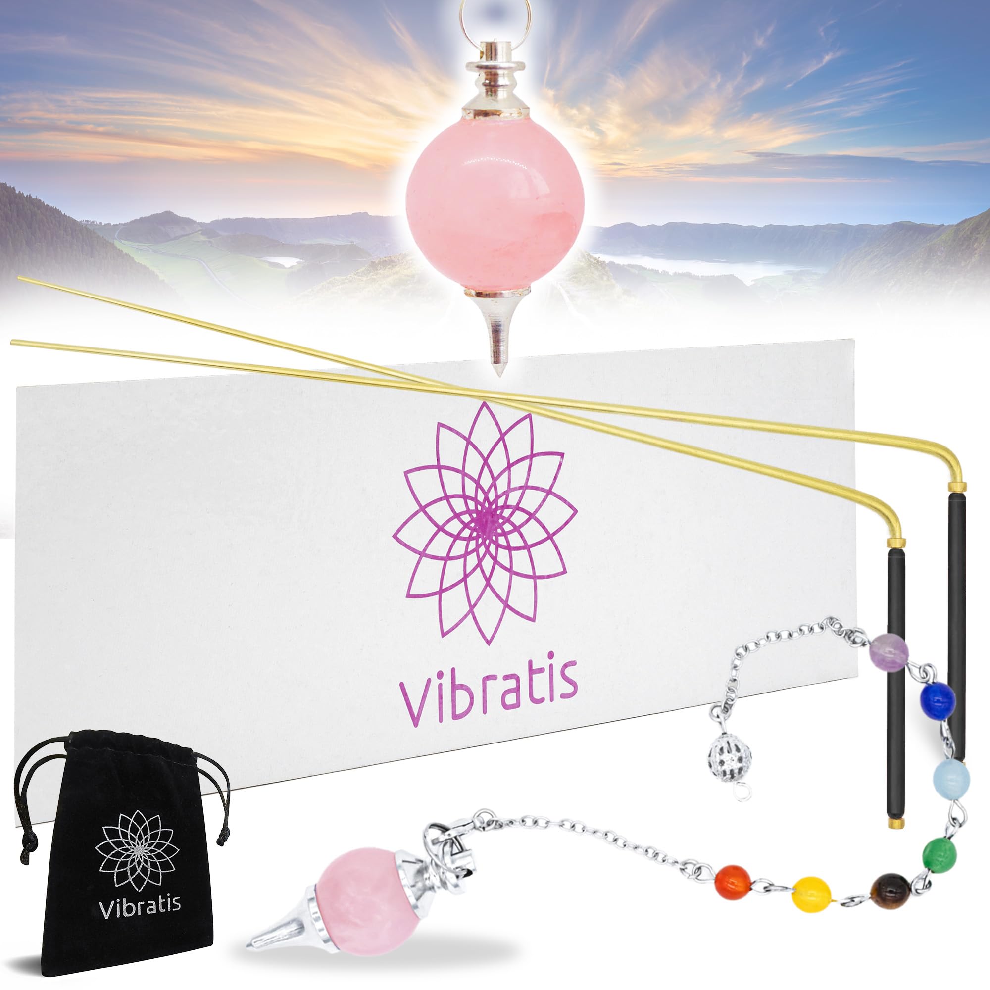 VIBRATIS Bacchette per cercatore con pendolo in quarzo rosa 7 chakra, kit di radiestesia in rame, precisione e affidabilità per geobiologia, paranormale e divinazione, marca francese