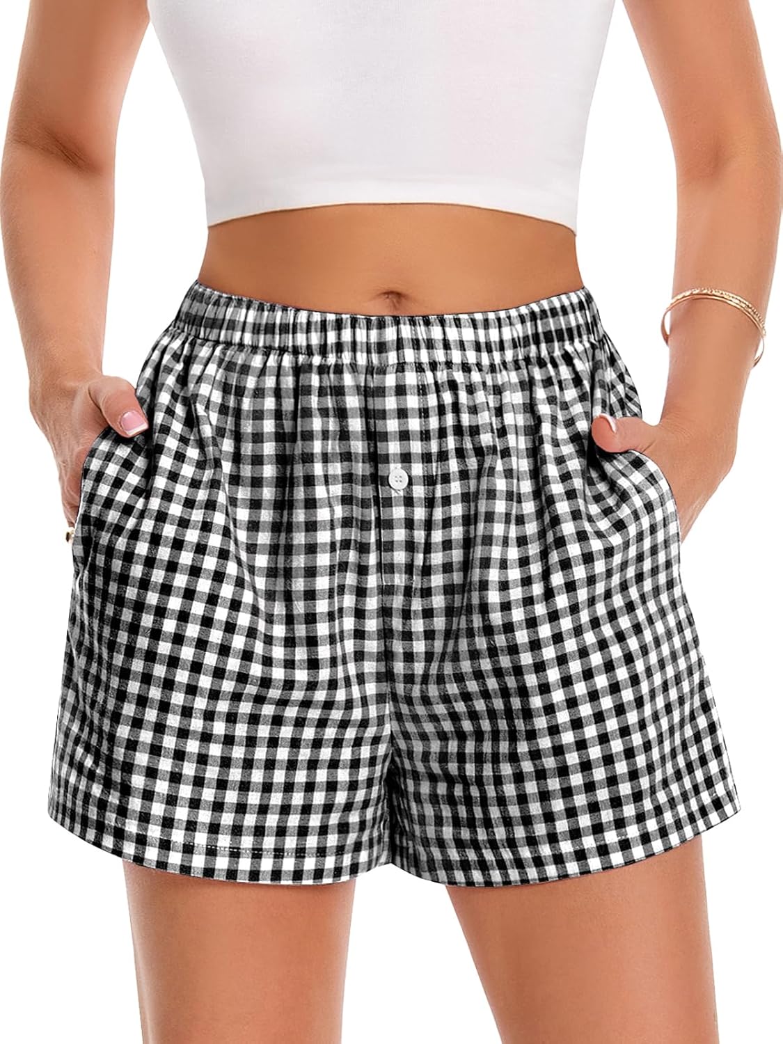 Boxer Shorts for Women Summer Gingham Pajama Casual Plaid Shorts Y2K Beach Bottoms with Pocket - Image 6