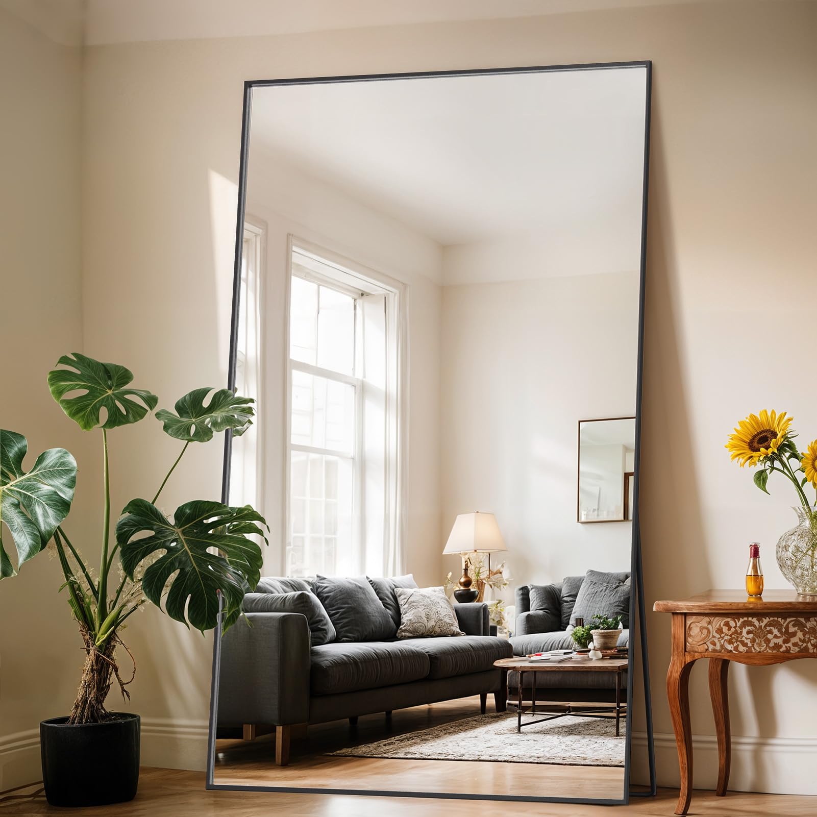 Antok Full Length Mirror, 44"x88" Oversized Floor Mirror with Stand for Bedroom, Living Room Cloakroom, Black, Rect Style