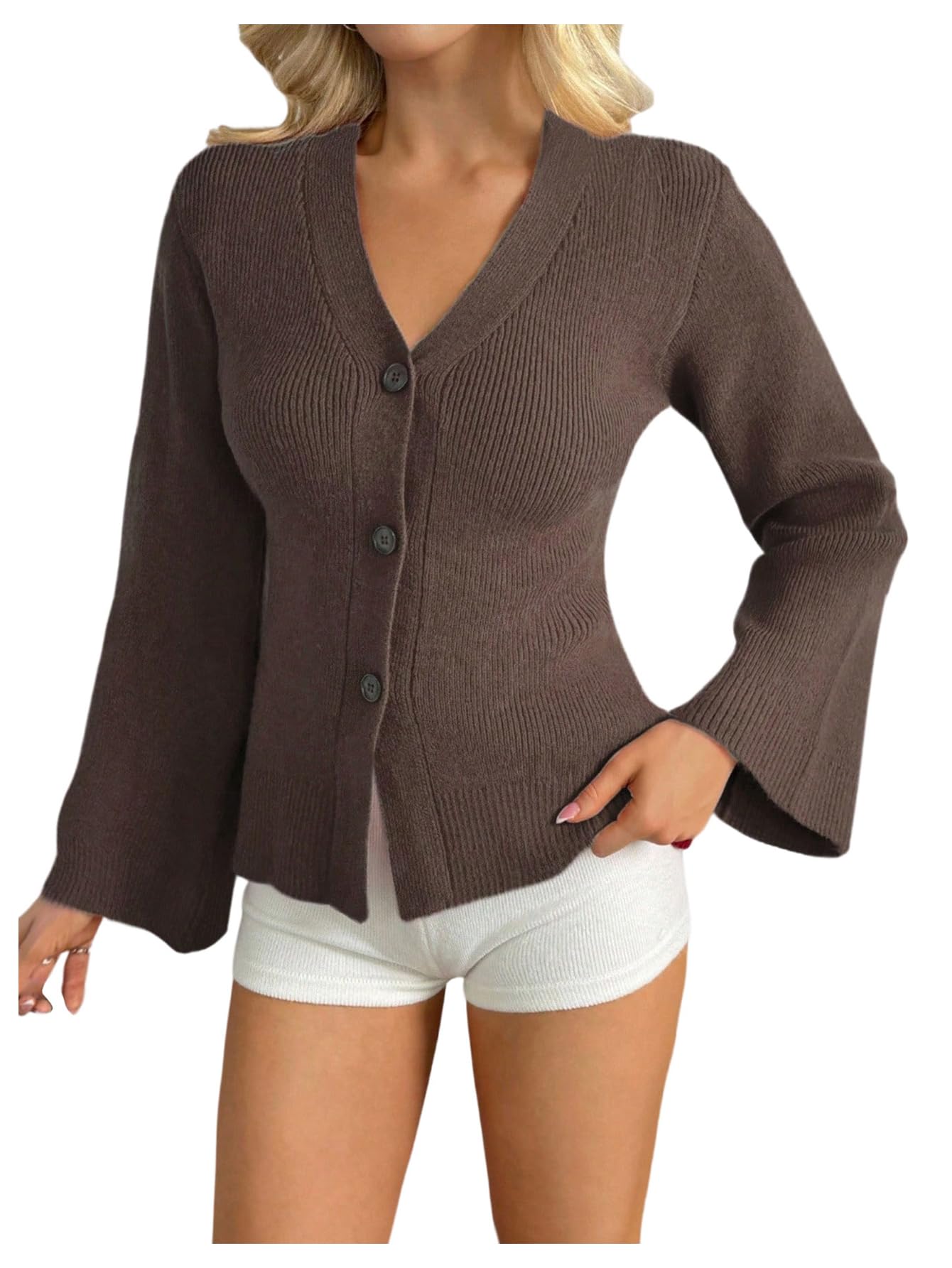 Milumia Womens Long Bell Sleeve Cardigan Cinched Waist Sweater V Neck Button Down Fall Knit Sweaters