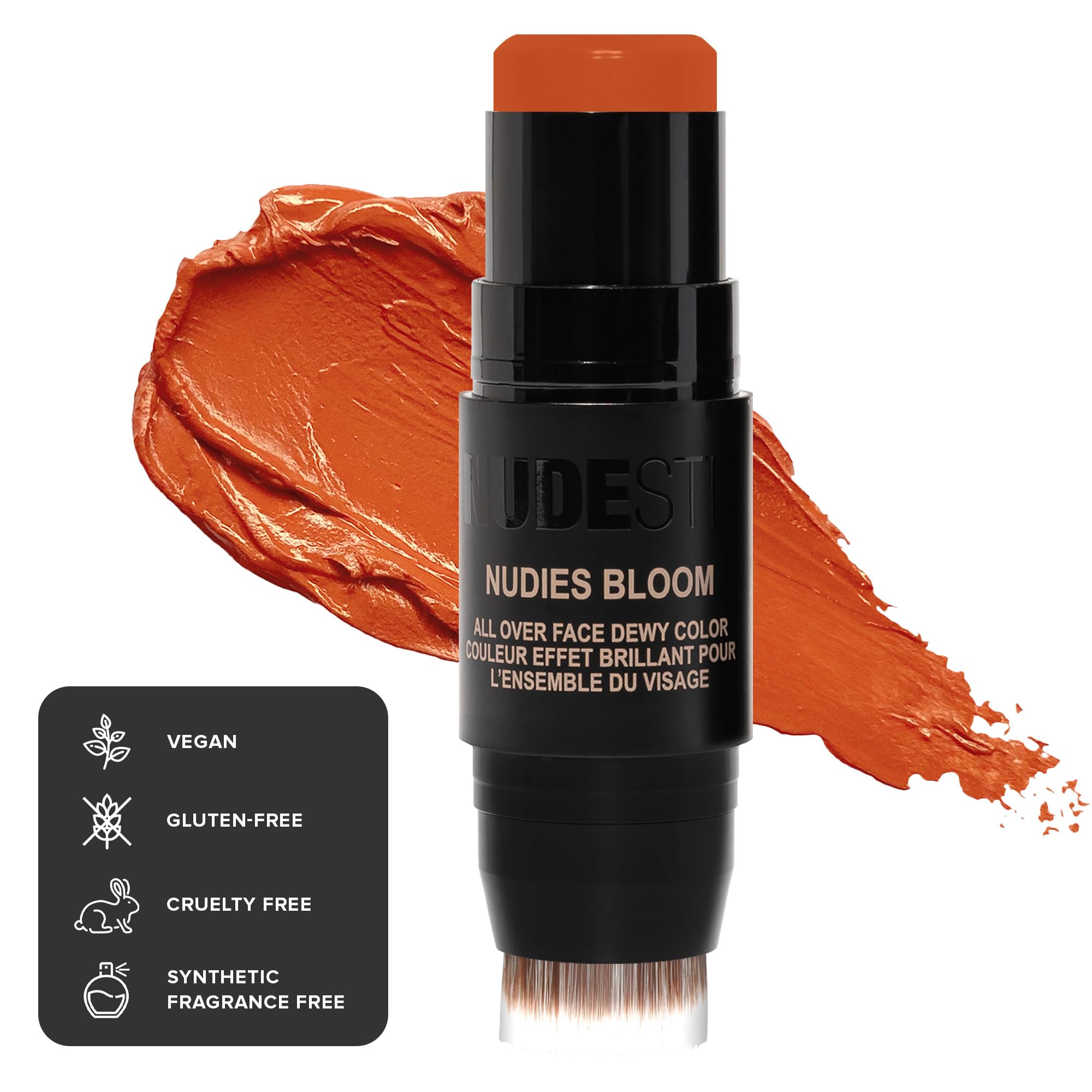 NudeStix Nudies Bloom Blush Stick w/Blending Brush, 3-in-1 Dewy Color for Cheeks, Eyes, Lips, Brightening Balm Makeup for Natural Healthy Glow, Glossy Finish, 0.25 oz (7g) (Rusty Rouge)