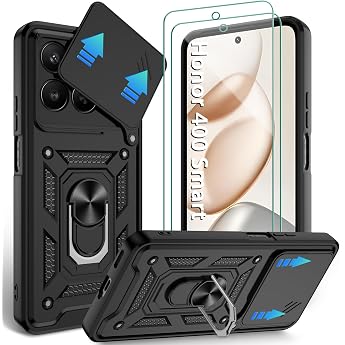 Jshru Mobile Phone Case for Honor 400 Smart 5G Case Camera Protection Slide with 2 Pieces Protective Films Military Shockproof Protective Case 360  Metal Stand Outdoor Drop Protection Case for Honor 400 Smart Black