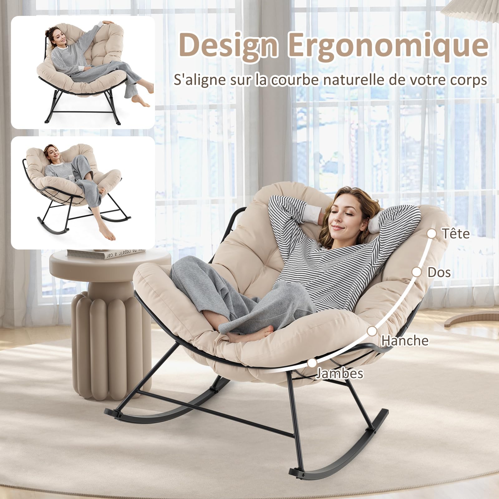 RELAX4LIFE Fauteuil à Bascule de Jardin, Chaise Papasan avec Coussin et Cadre en Métal pour Intérieur et Extérieur, Charge 205KG pour Chambre Salon Porche Jardin Terrasse (Beige)
