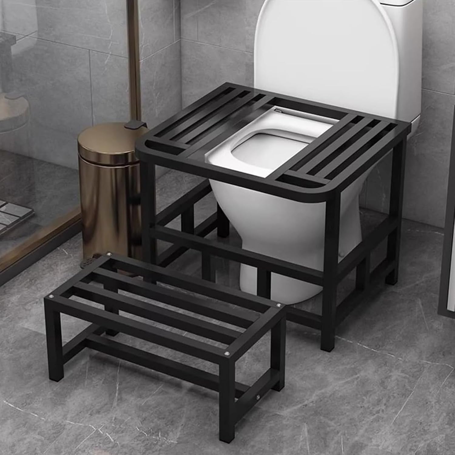 Squat Toilet Converter Frame with Footstool, Toilet to Squat Toilet Transition Aid, Reinforced Arc Design Ergonomic Pit Frame with Non-Slip Pads for Seniors(20.9"W x 18.9"D x 17.1"H, White)