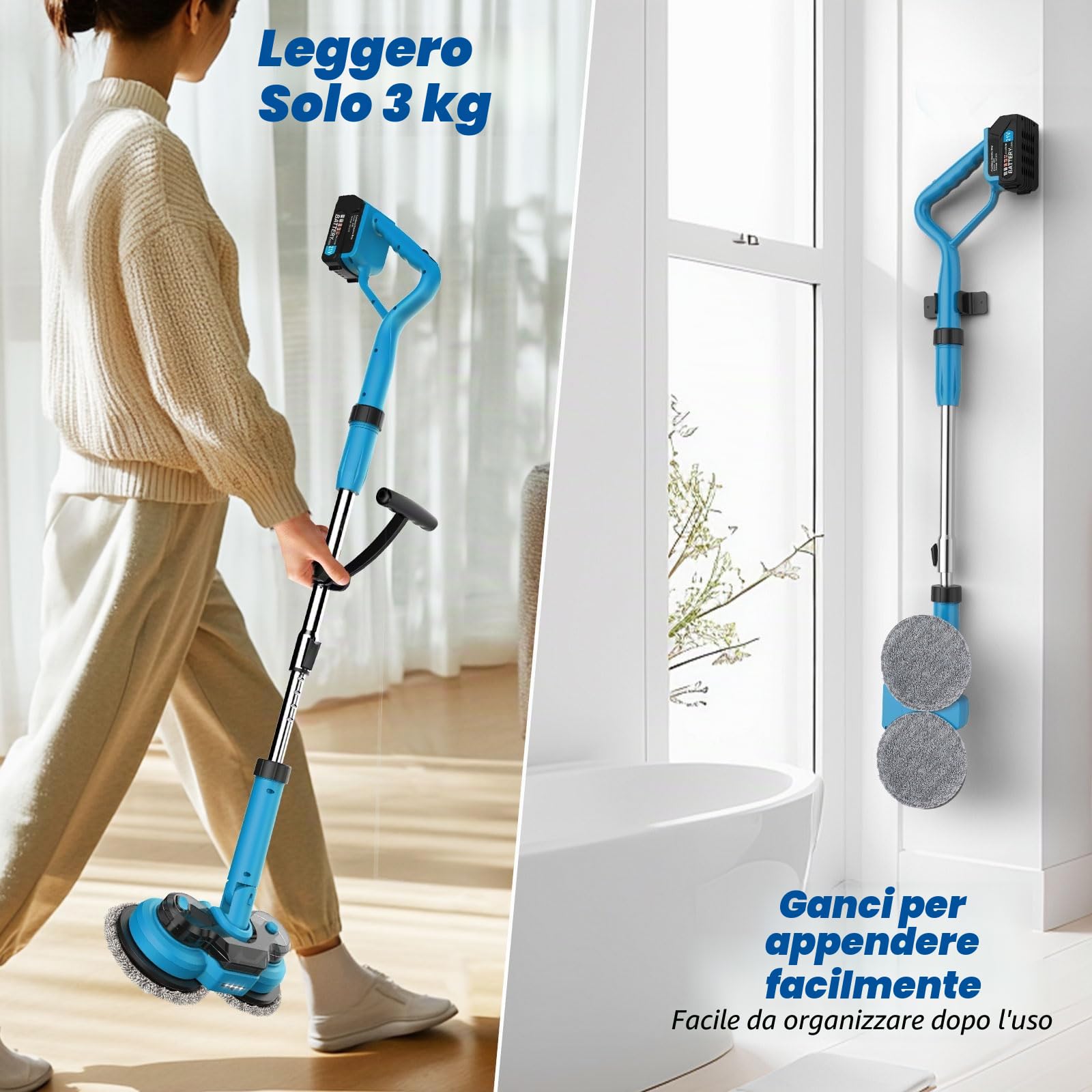 Mocio Elettrico Senza Fili con 2 batterie da 2000 mAh, Lavapavimenti Elettrico con Faro LED, 300 ML Serbatoio, lavapavimenti Mocio Lavapavimenti per Pavimenti in Legno Duro, Piastrelle e Laminato