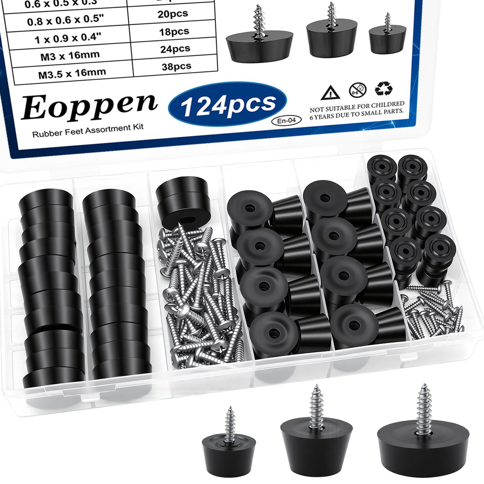 Eoppen 124Pcs Cutting Boards Rubber Feet Bumpers Pads Kit with Built-in Stainless Steel Washer and Screws for Furniture and Appliances 3 Sizes 0.6inch