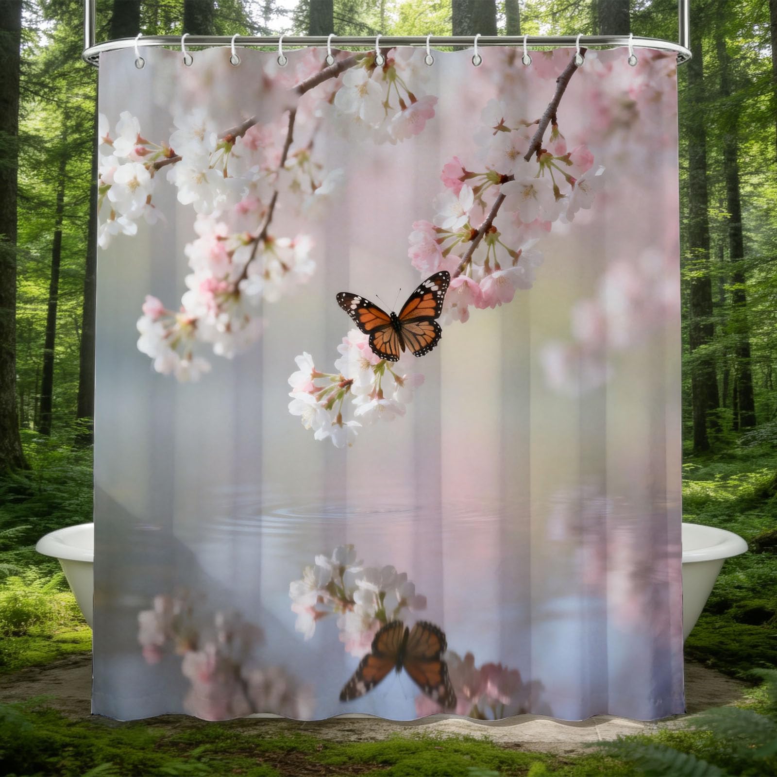 Hongduo 3D Butterfly Shower Curtain for Stalls Bathtubs Floral Flowers Bathroom Decor Shower Curtain Set Polyester Fabric Waterproof 120x180cm/48X71 Inch with Hooks