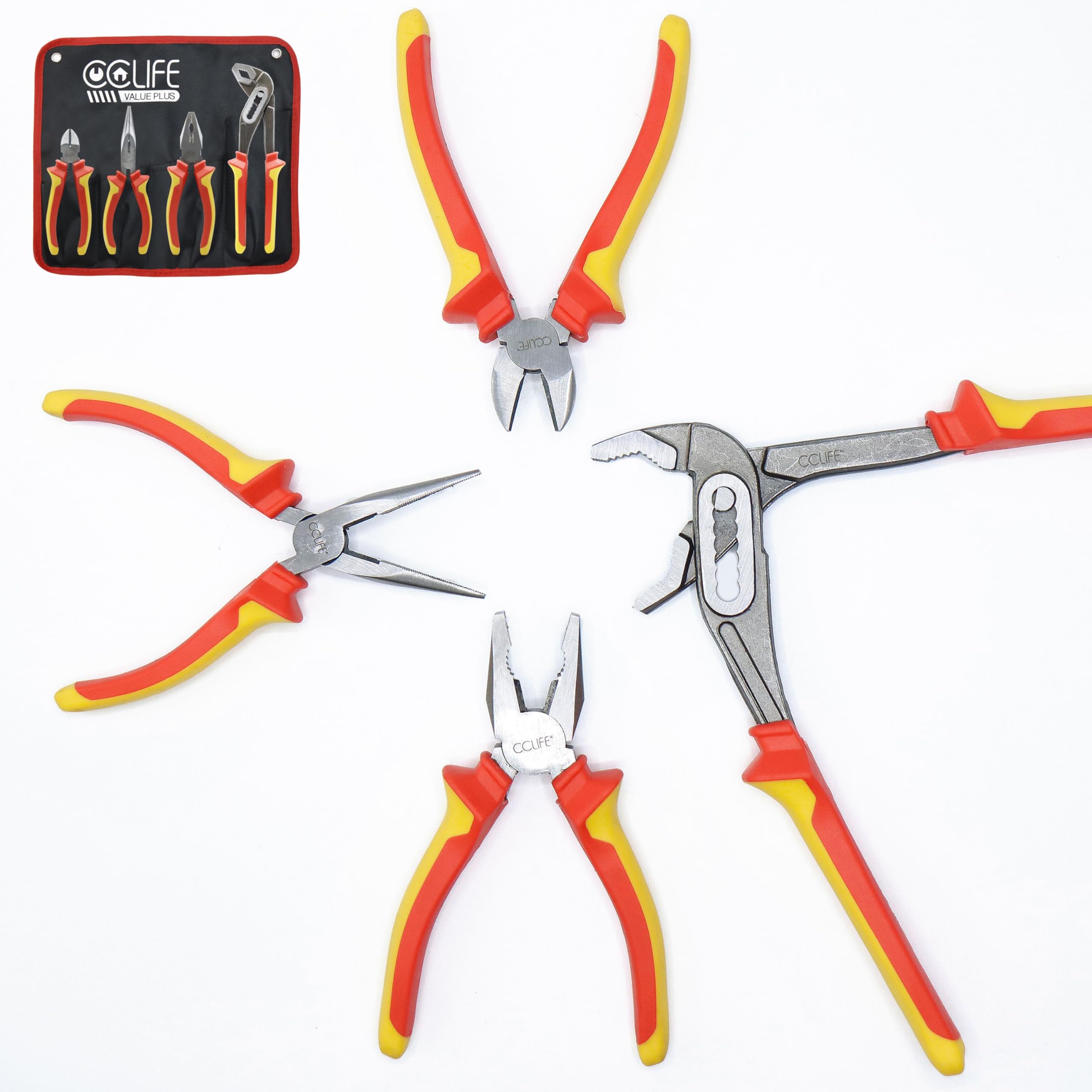 CCLIFE Jeu de 4 Pinces,Pince Mmultiprise-Pince Coupante-Pince Universelle-Pince Bec Long avec Manche et Souple Outillage Professionnel | Avec pinces de 170/170/160/250 mm, poignées antidérapantes et sac de rangement pratique