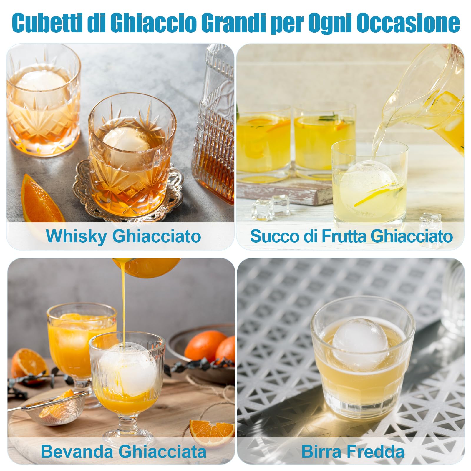 Ghiaccio Stampo Silicone, 4 Rotondo Cubetti Ghiaccio con Coperchio, 4.5cm Grandi Formine Cubi Ghiaccio Silicone Ice Cube Tray per Birra Cocktail Whisky Vino Puree di Frutta Gelati - Nero