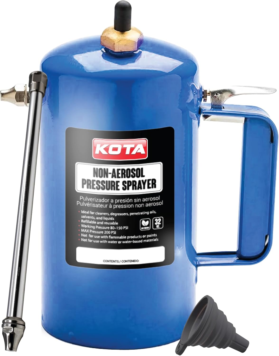 LAUCO Refillable 32oz Non-Aerosol Pressure Sprayer - Steel Canister with Brass Nozzles for Oils, Solvents, Degreasers, Lubricants