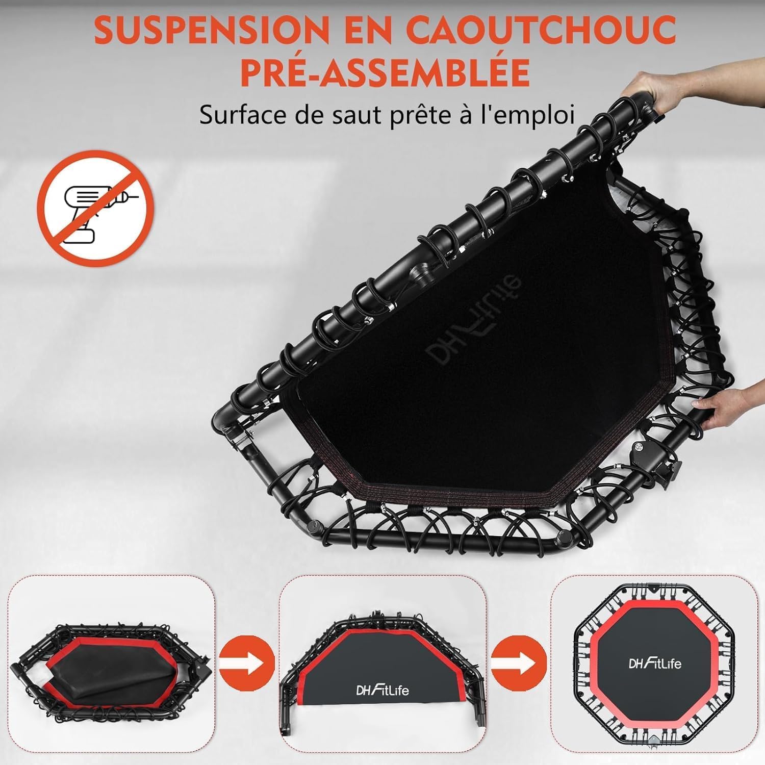 DH FitLife Trampoline de fitness pliable silencieux avec corde en caoutchouc sans installation | 50 pouces 128 cm Trampoline pour l'intérieur et l'extérieur Jumping | avec 3 niveaux de poignée