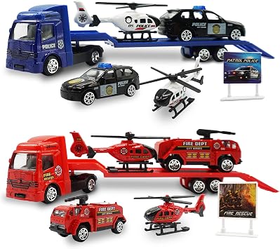 OTONOPI لعبة مركبة الدفع والذهاب الإنقاذ Playset Diecast مصغرة سيارة الشرطة سيارة النار محرك شاحنة وطائرة هليكوبتر لعبة في شبه الناقل شاحنة هدية للأطفال الصغار الاطفال الأولاد