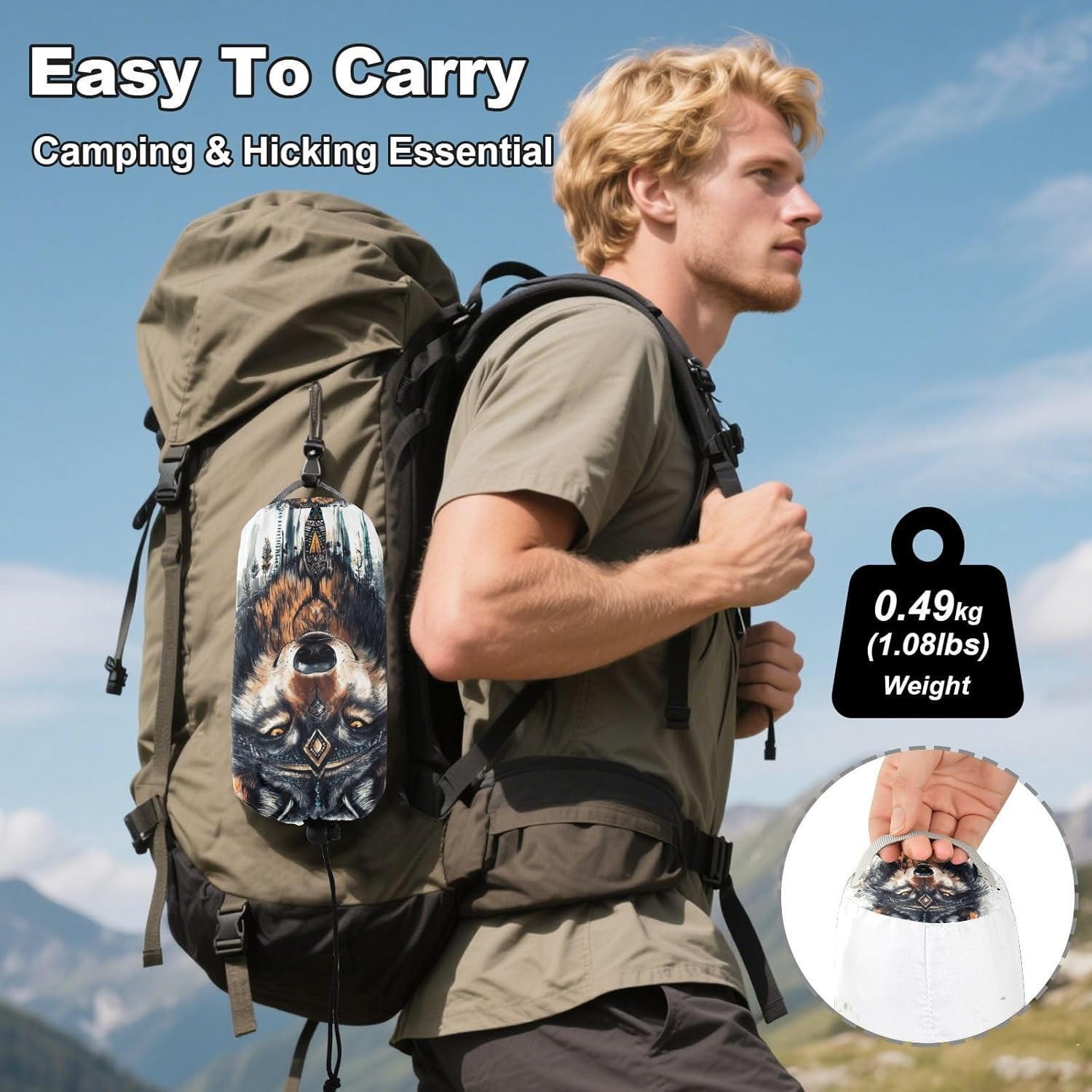 ALAZA Boho Wolf Ethnic Camping Hammocks Single or 2 Person 500 lbs Portable Parachute Travel Hammock w/Tree Straps for Hiking Backpacking Indoor Outdoor