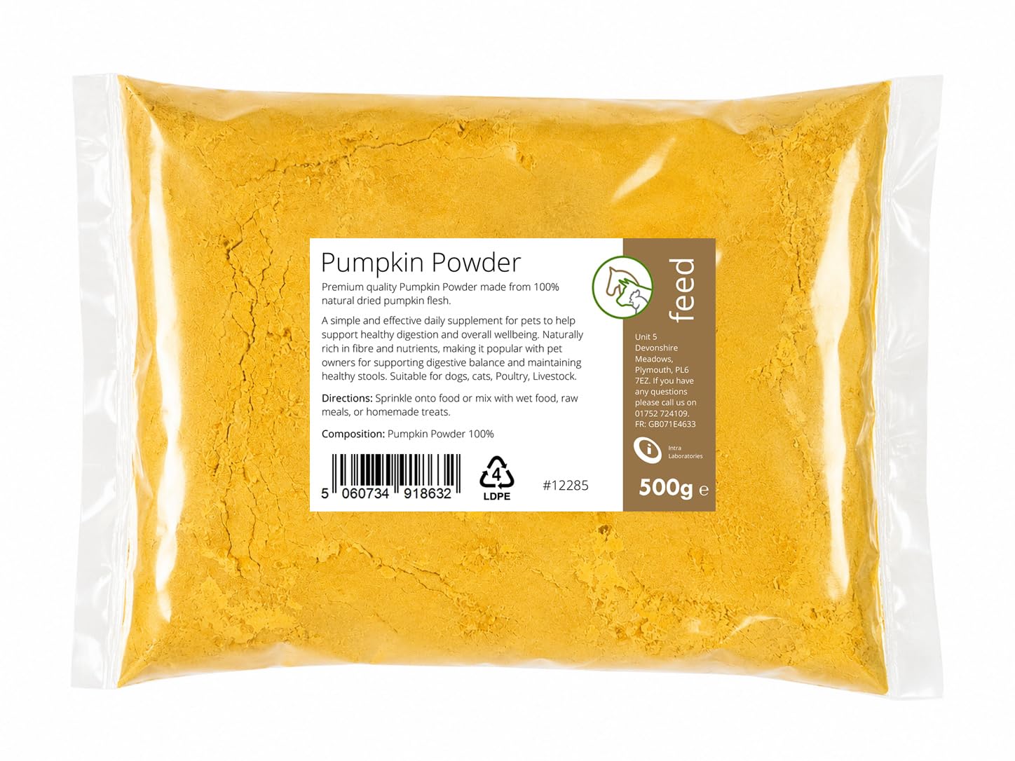 Intralabs Pumpkin Flesh Powder for Dogs Horses & Pets, 500g, Natural Digestive Supplement