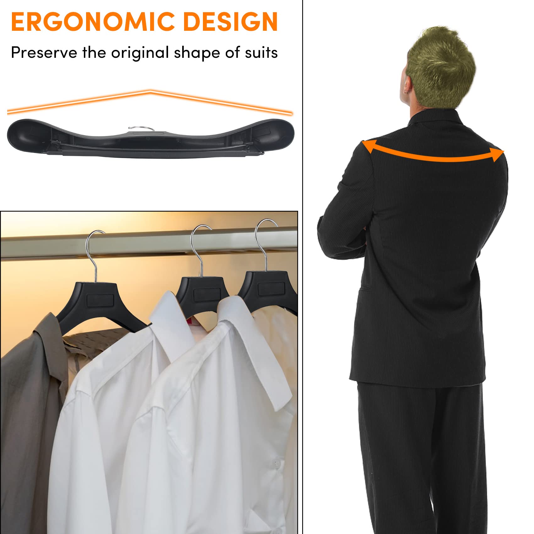 DEDU Perchas de Traje para Hombre, Paquete de 40, Perchas Extra Anchas Antideslizantes de 17.7 Pulgadas, Perchas Negras de plástico Grueso con Barra para Pantalones, Gancho de Metal Giratorio de 360°
