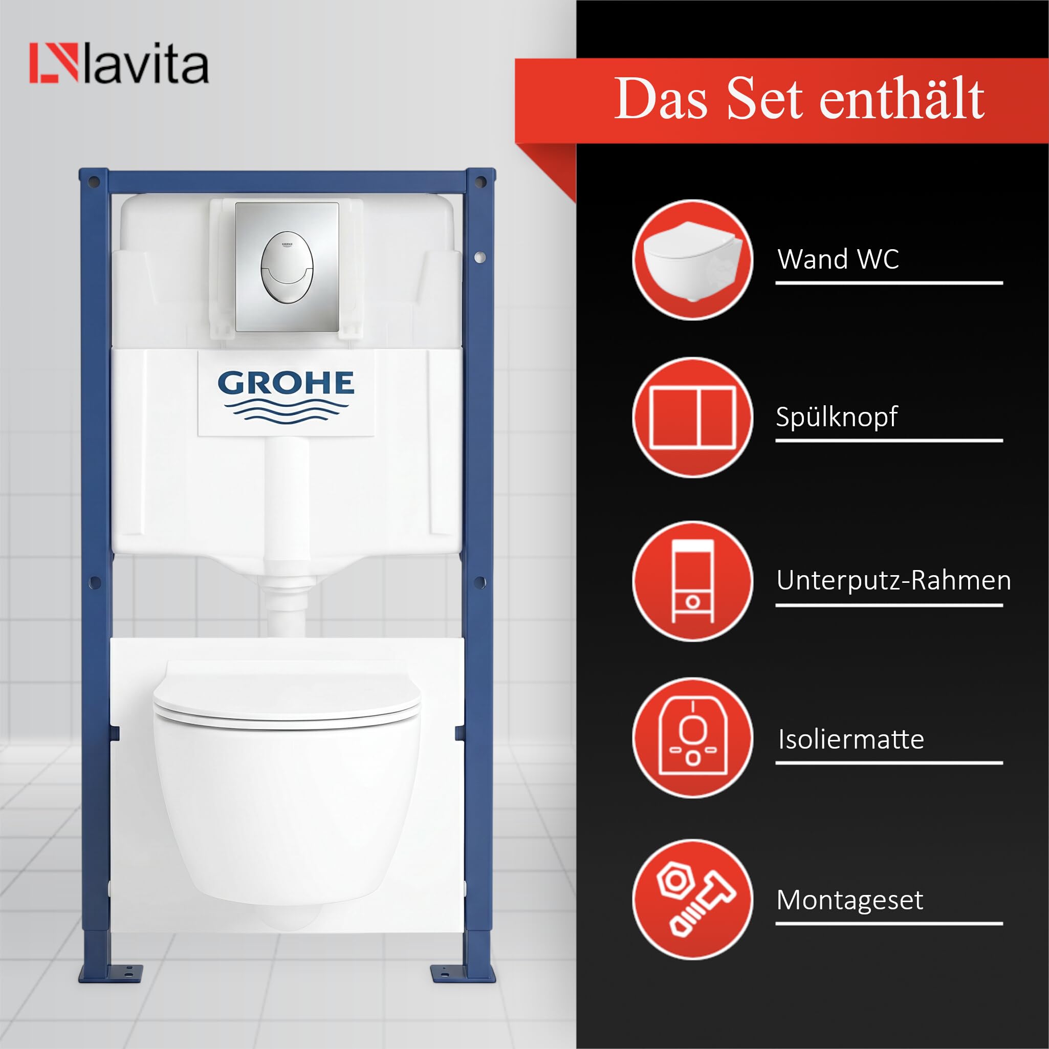 LAVITA Vorwandelement Solido Start + Wand Hänge WC Brava Weiß Spülrandlos + + WC Sitz mit Absenkautomatik Verchromter Knopf Komplettset Unterputz Spülkasten Toilette Komplett Sett WC