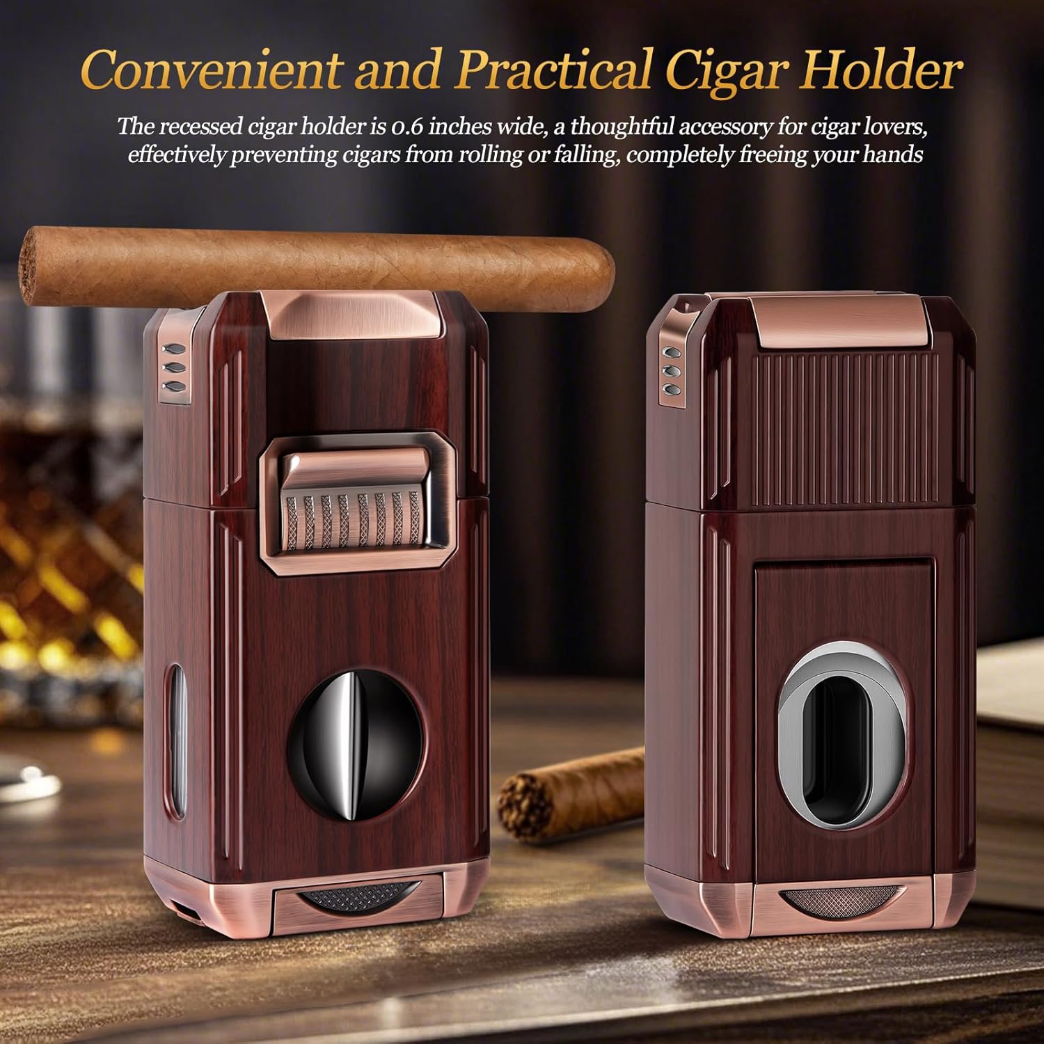 DXXILL Cigar Lighter, Multifunctional 7-in-1 Cigar Lighter, Cigar Accessory Set with Cigar Holder, Straight,V-Cutter, Punch, Ash Pick, Needle, Windproof Dual Flame, for Men (No Butane)