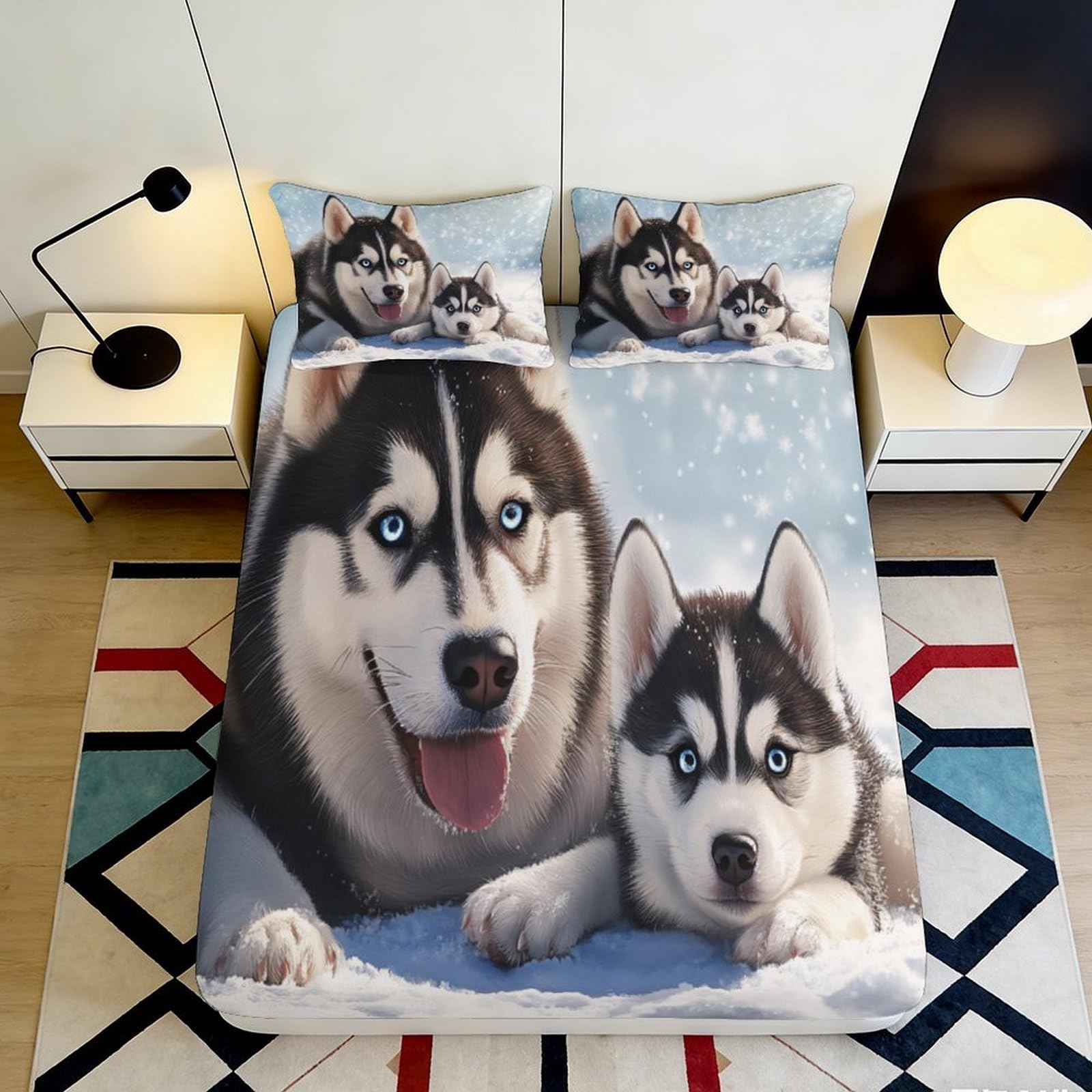 3D Printed Husky Dog Fitted Sheet Microfiber Soft Breathable Snow Scene Mattress Cover for Bedroom Guest Room Decor 140x200x25cm