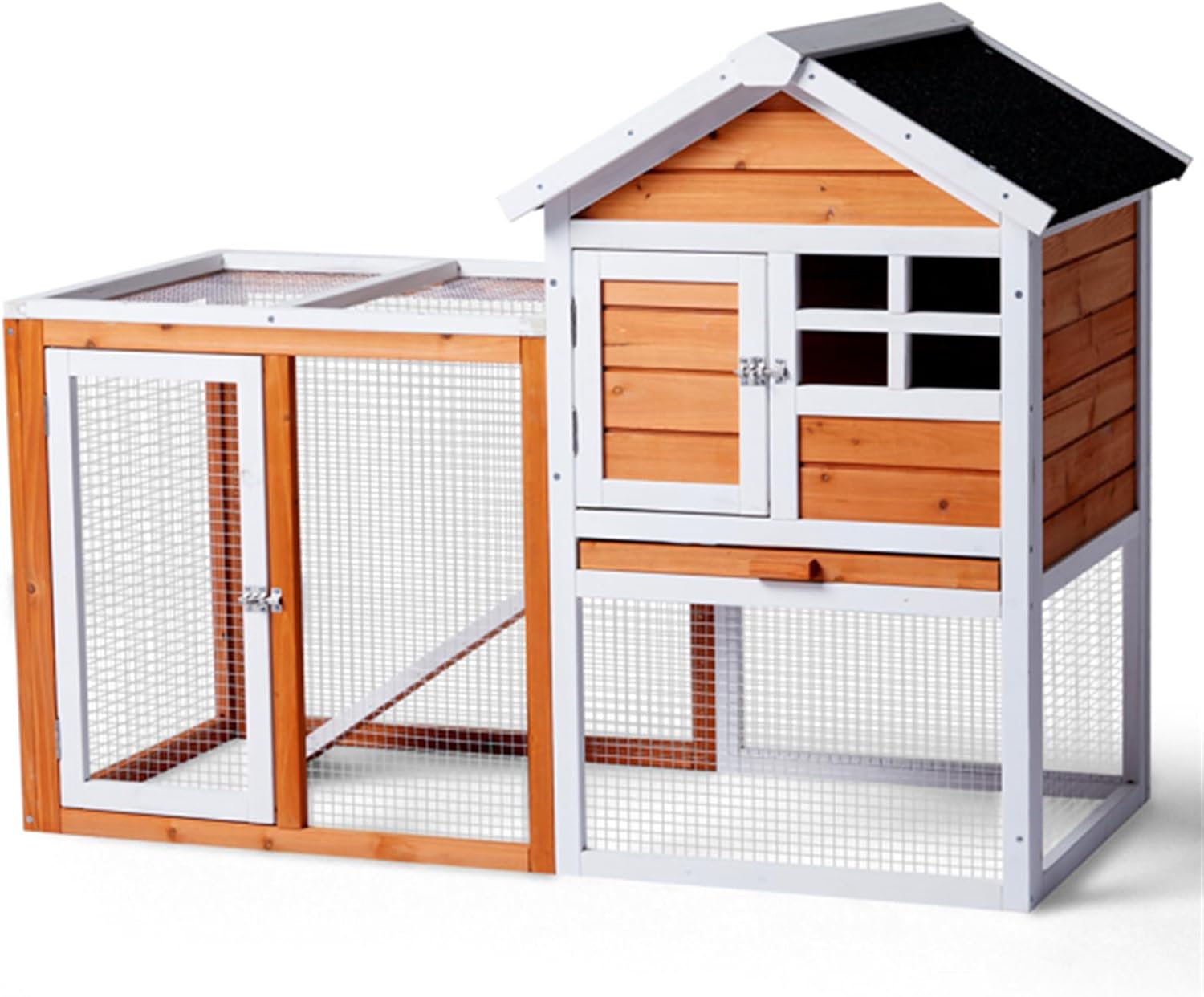 Wooden Rabbit Hutch Outdoor Chicken Coop Indoor Bunny Cage with Run, Guinea Pig House Pet House with Pull Out Upper Tray, Orange